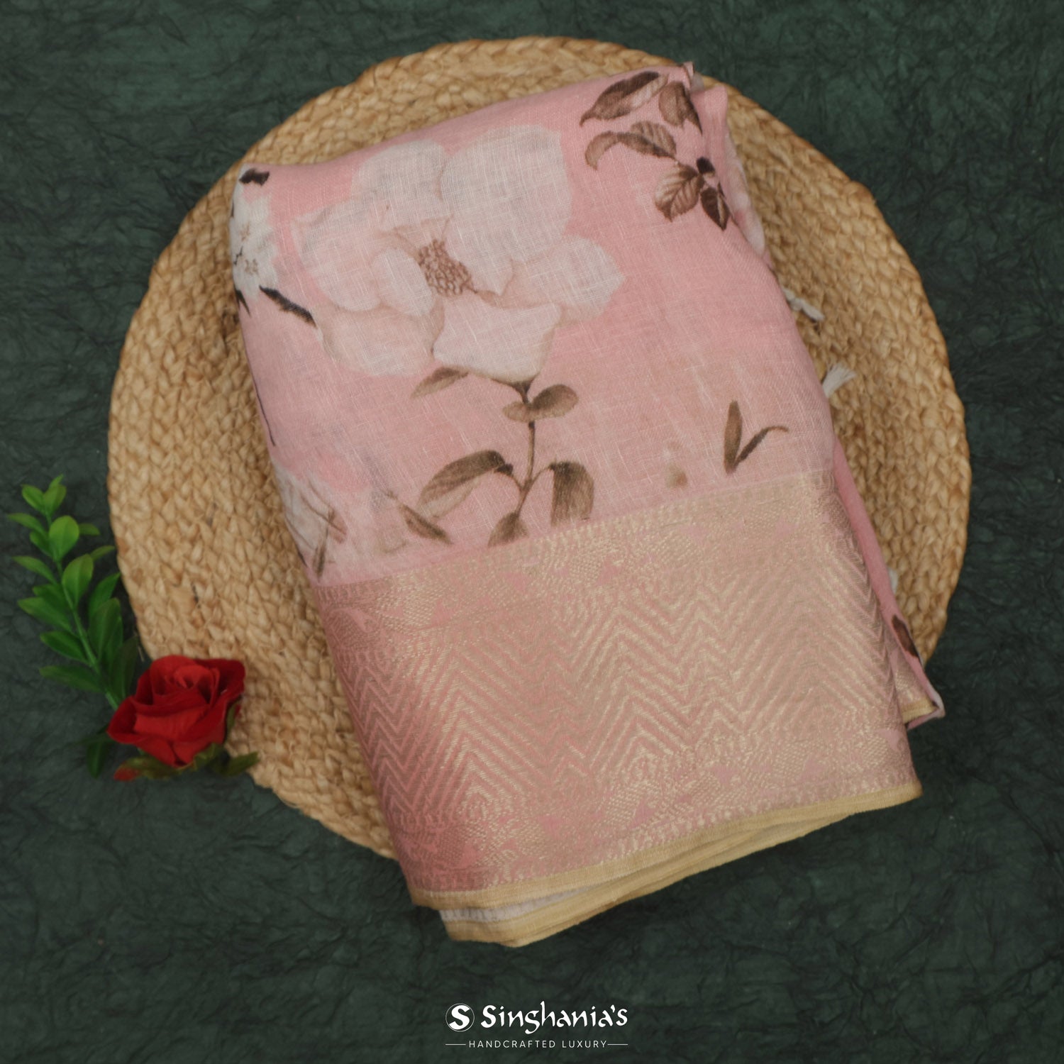 Pastel Pink Printed Linen Saree With Floral Pattern