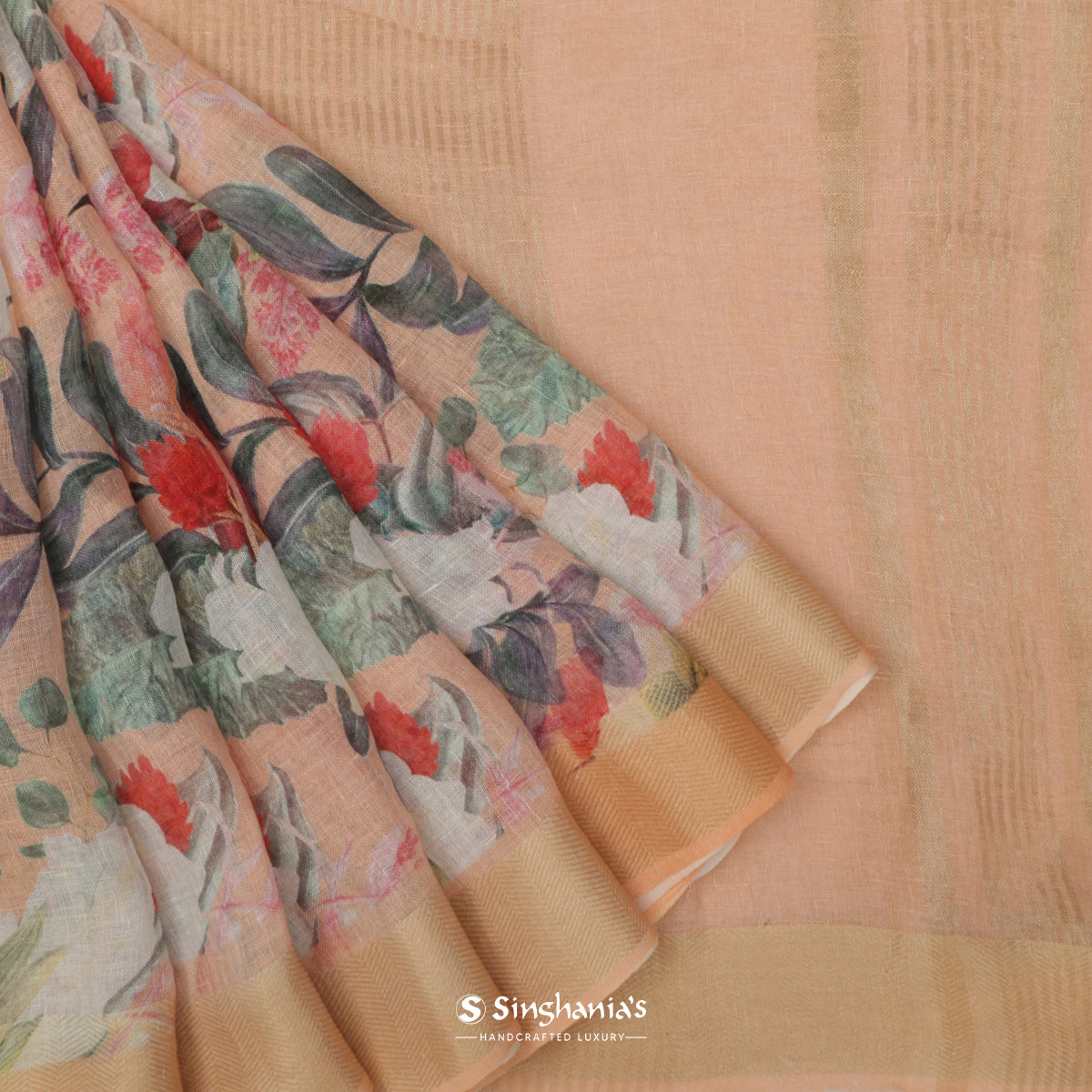 Pastel Orange Printed Linen Saree With Floral Pattern
