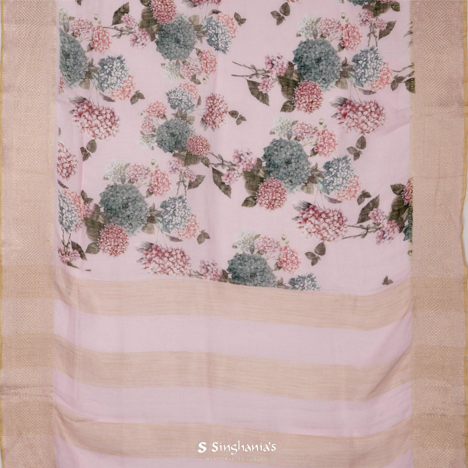 Pale Purple Printed Linen Saree With Floral Pattern