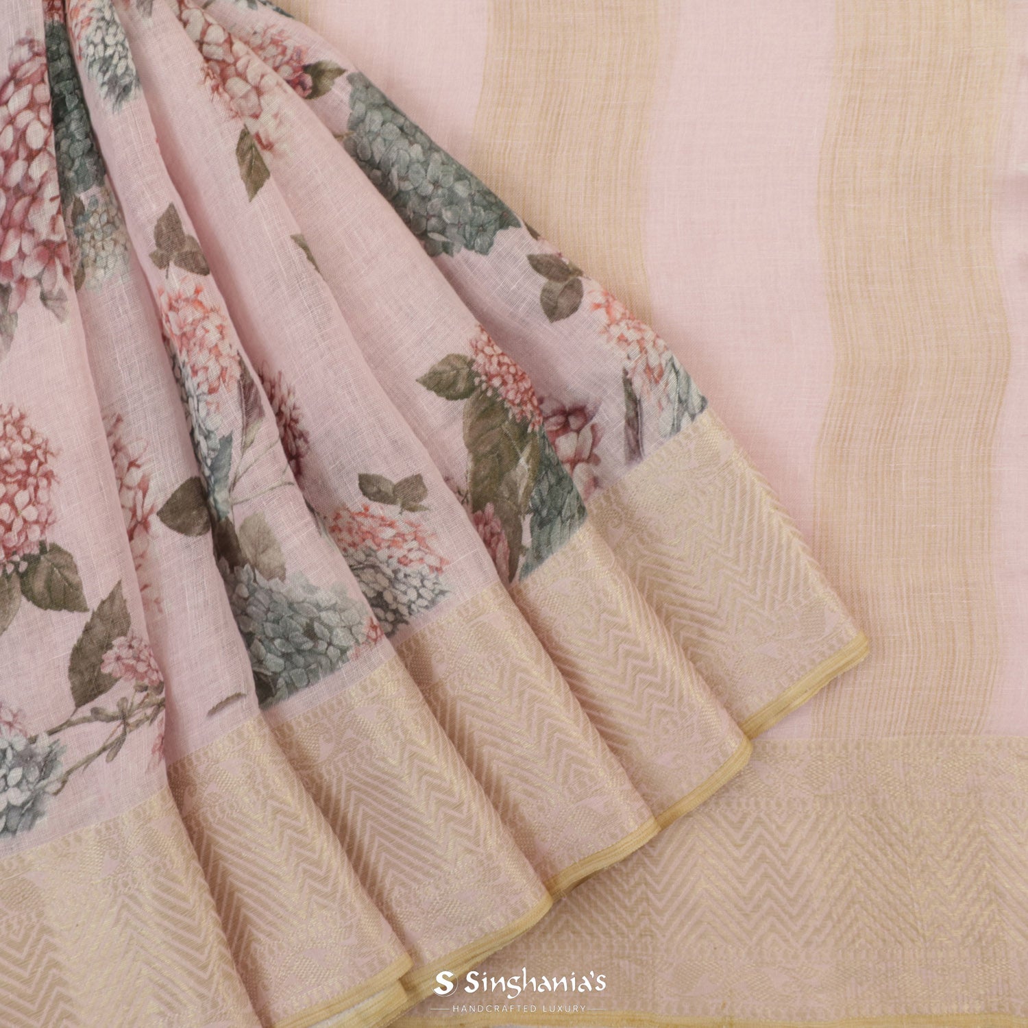 Pale Purple Printed Linen Saree With Floral Pattern