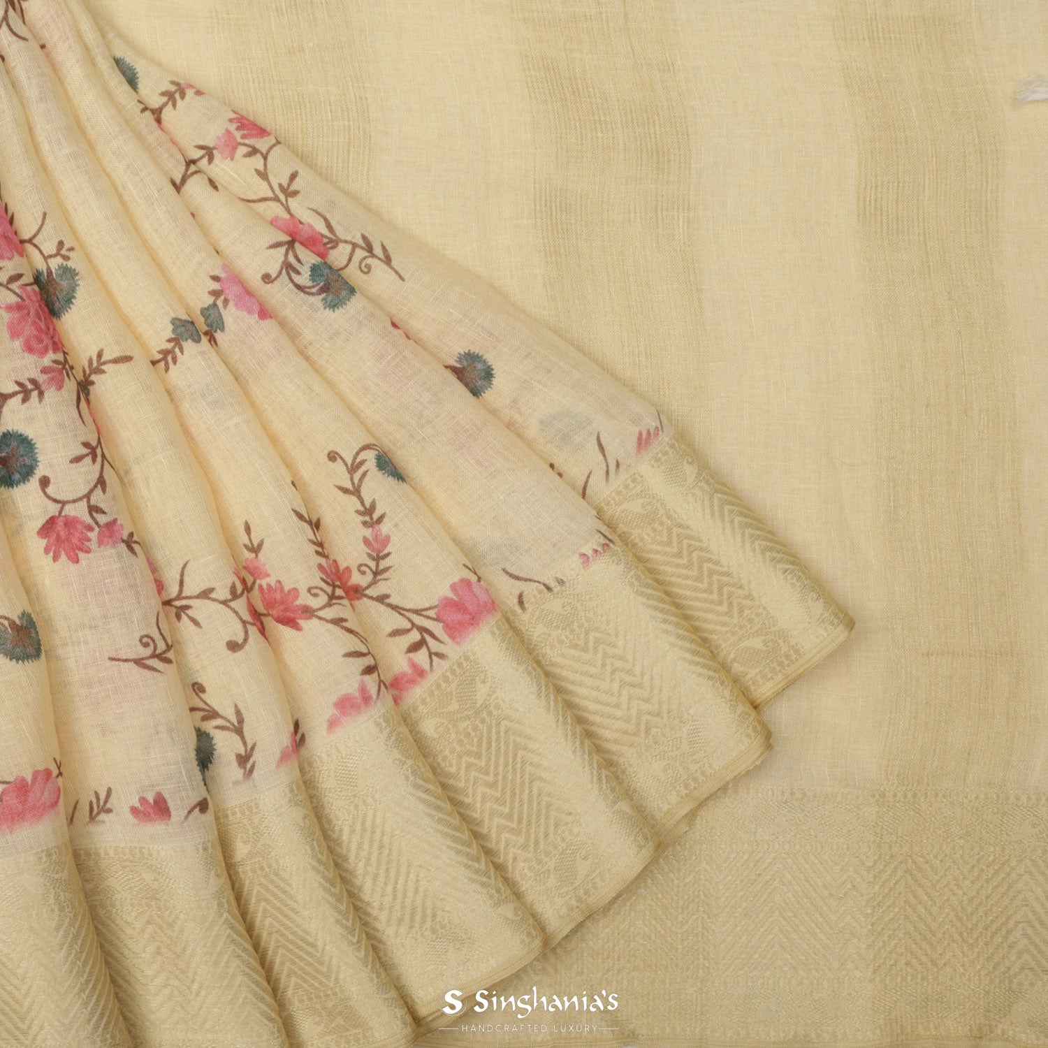 Transparent Yellow Printed Linen Saree With Floral Pattern