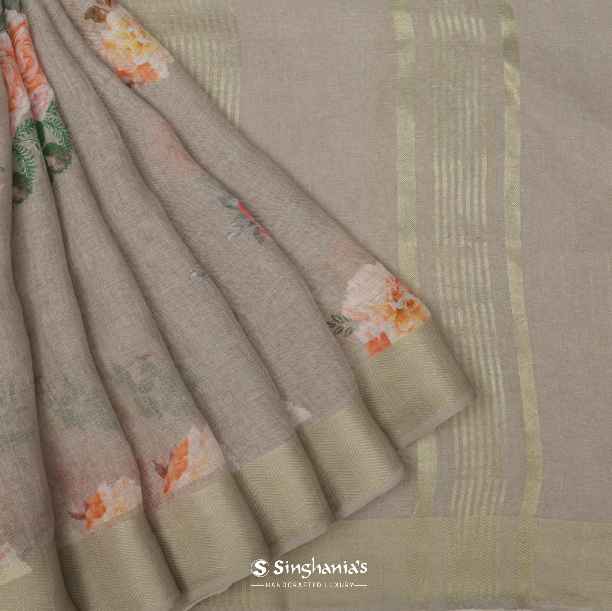 Gainsboro White Linen Saree With Printed Floral Buttas