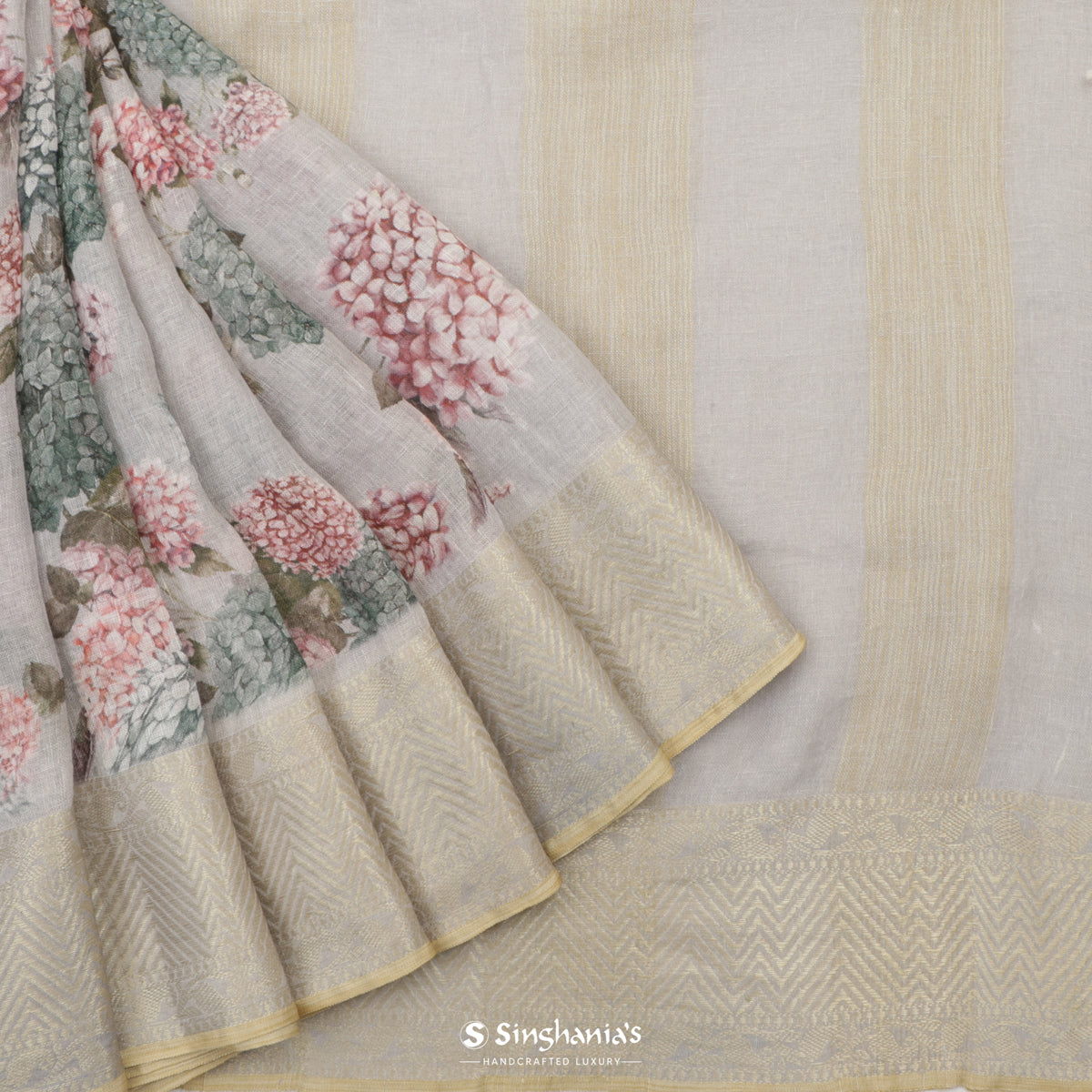Timberwolf Gray Printed Linen Saree With Floral Pattern