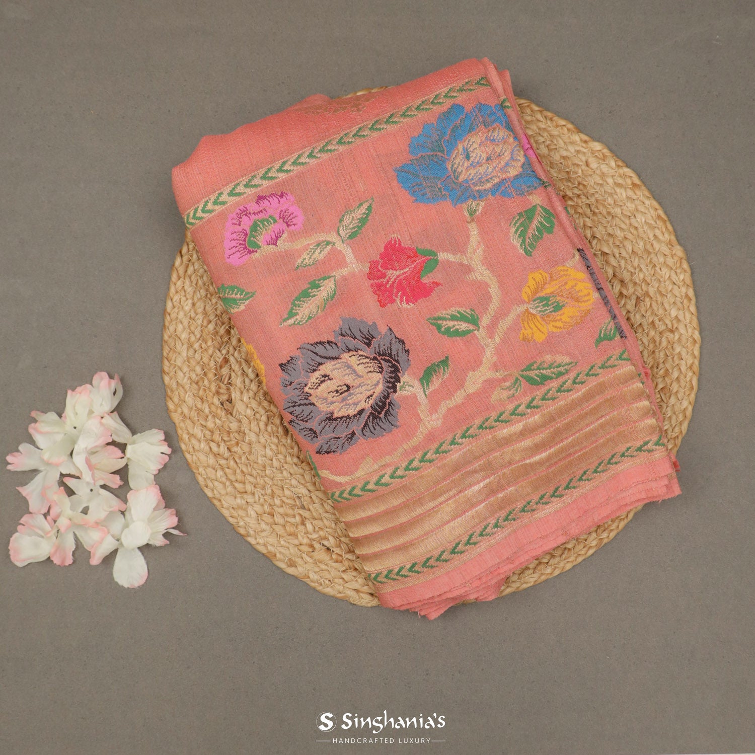 Sea Pink Tusser Saree With Banarasi Weaving