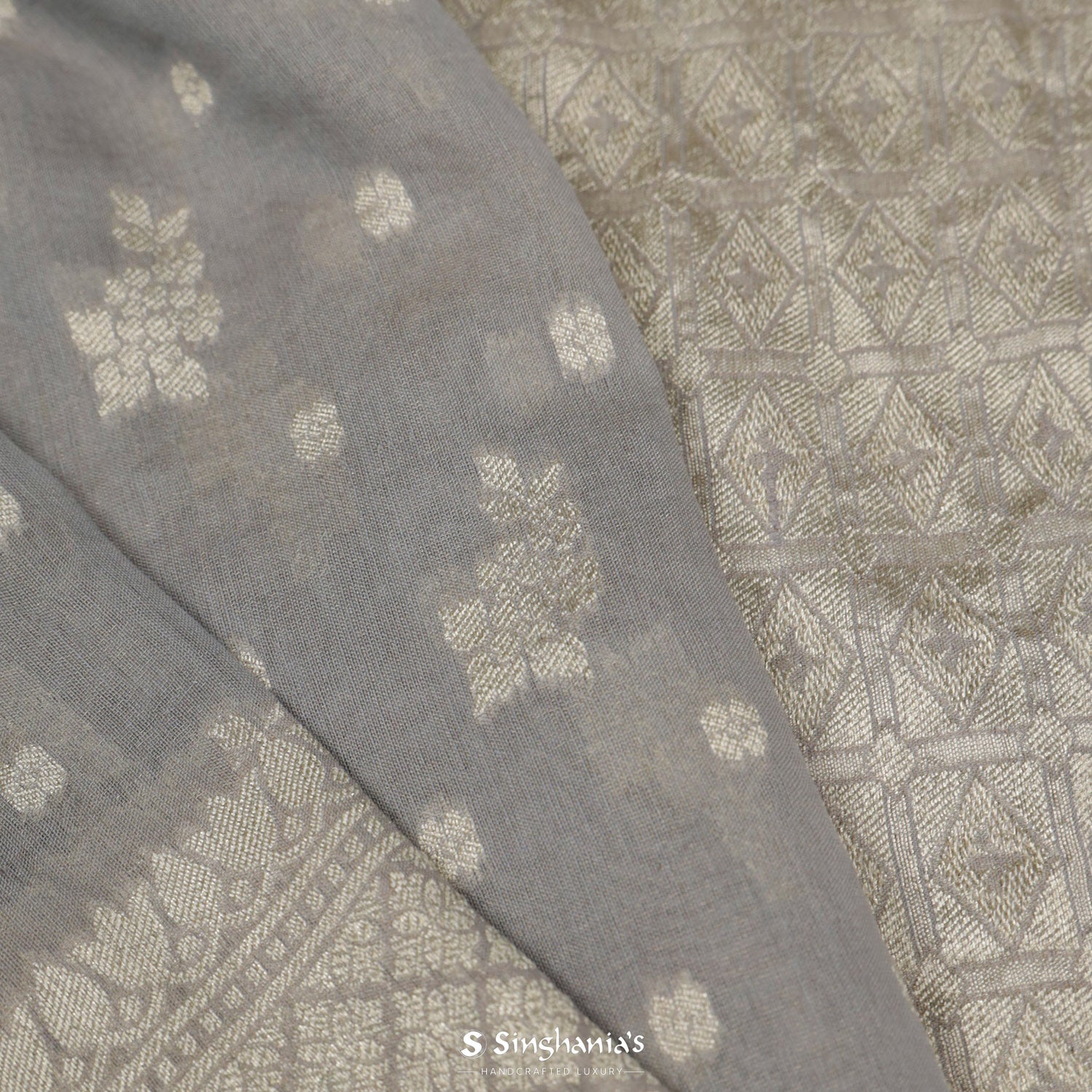 Battleship Gray Tussar Saree With Banarasi Weaving