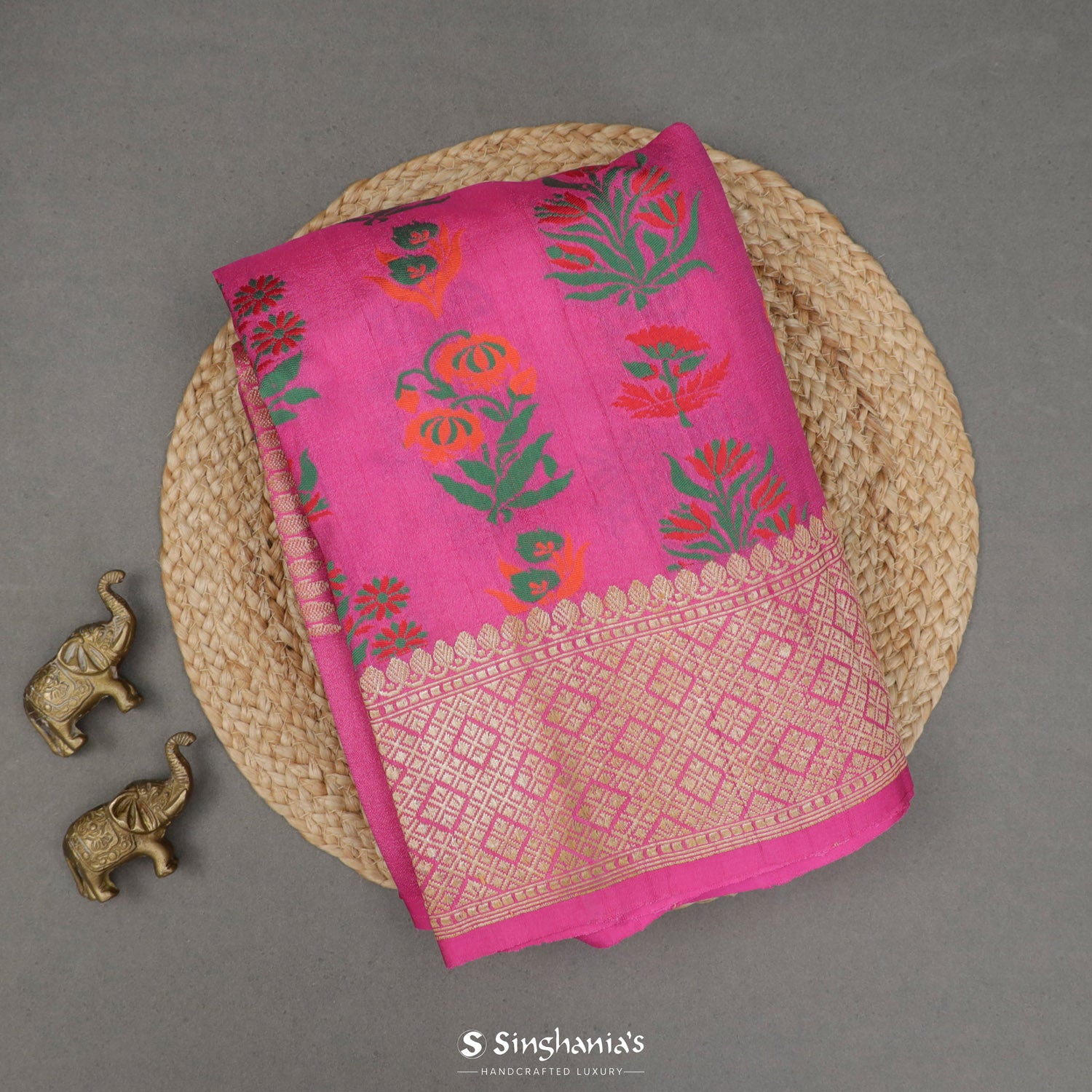 French Pink Tussar Silk Saree With Banarasi Weaving In Floral Buttas