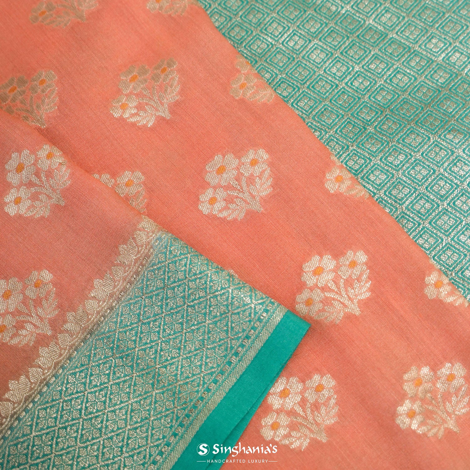 Coral Pink Tussar Saree With Banarasi Weaving