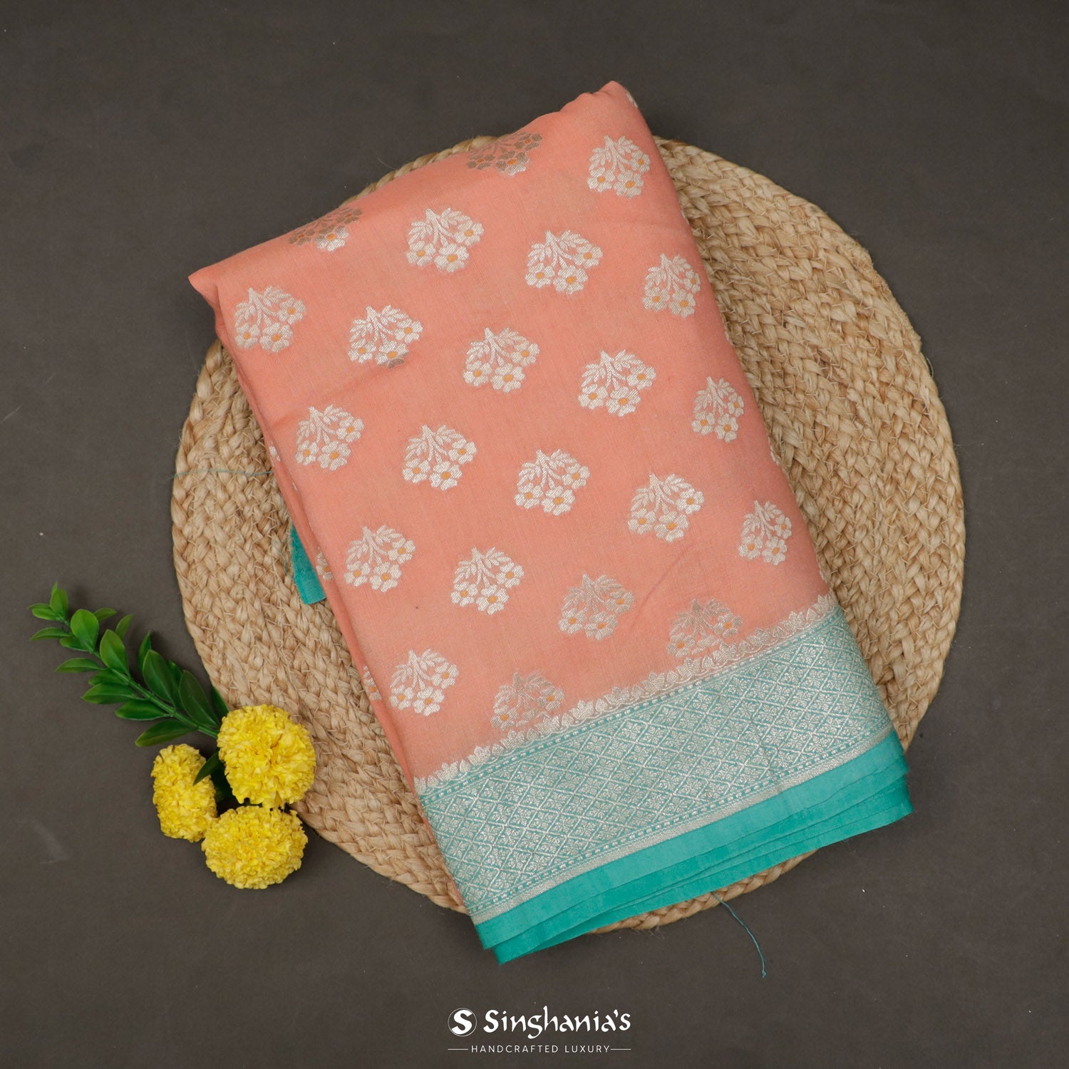 Coral Pink Tussar Saree With Banarasi Weaving