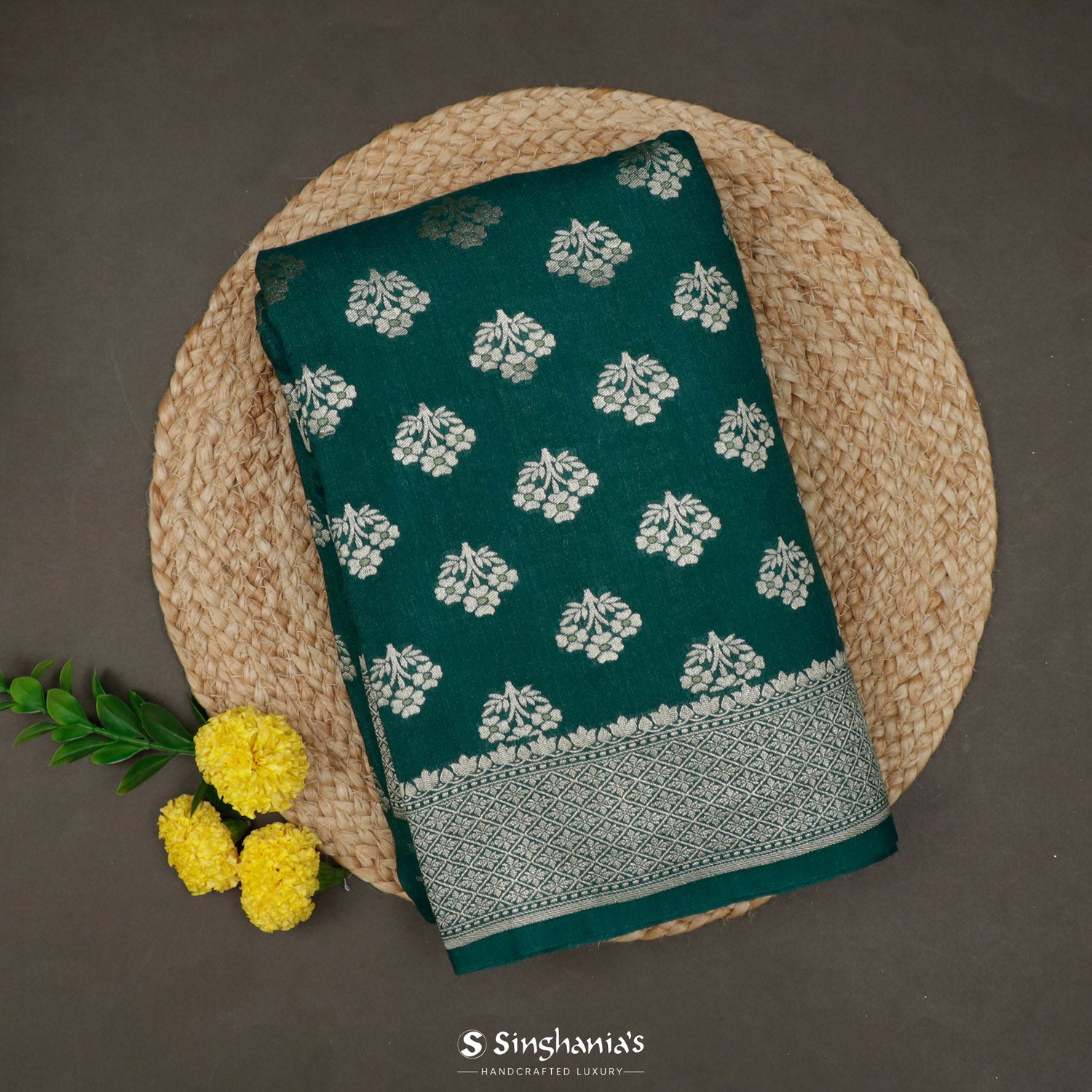 Bright Bottle Green Tussar Saree With Floral Weaving