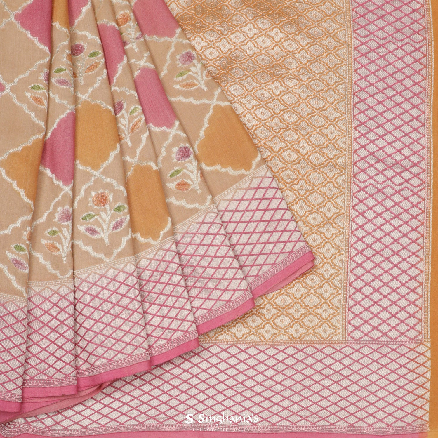 Pastel Cream Multicolour Tussar Saree With Banarasi Weaving