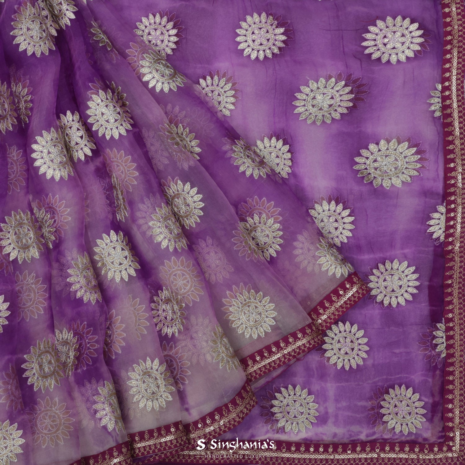 Lilac Purple Printed Organza Saree With Floral Buttis