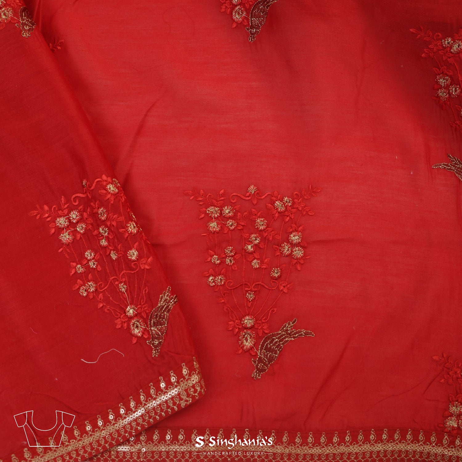 Spanish Red Kota Silk Saree With Floral Embroidery