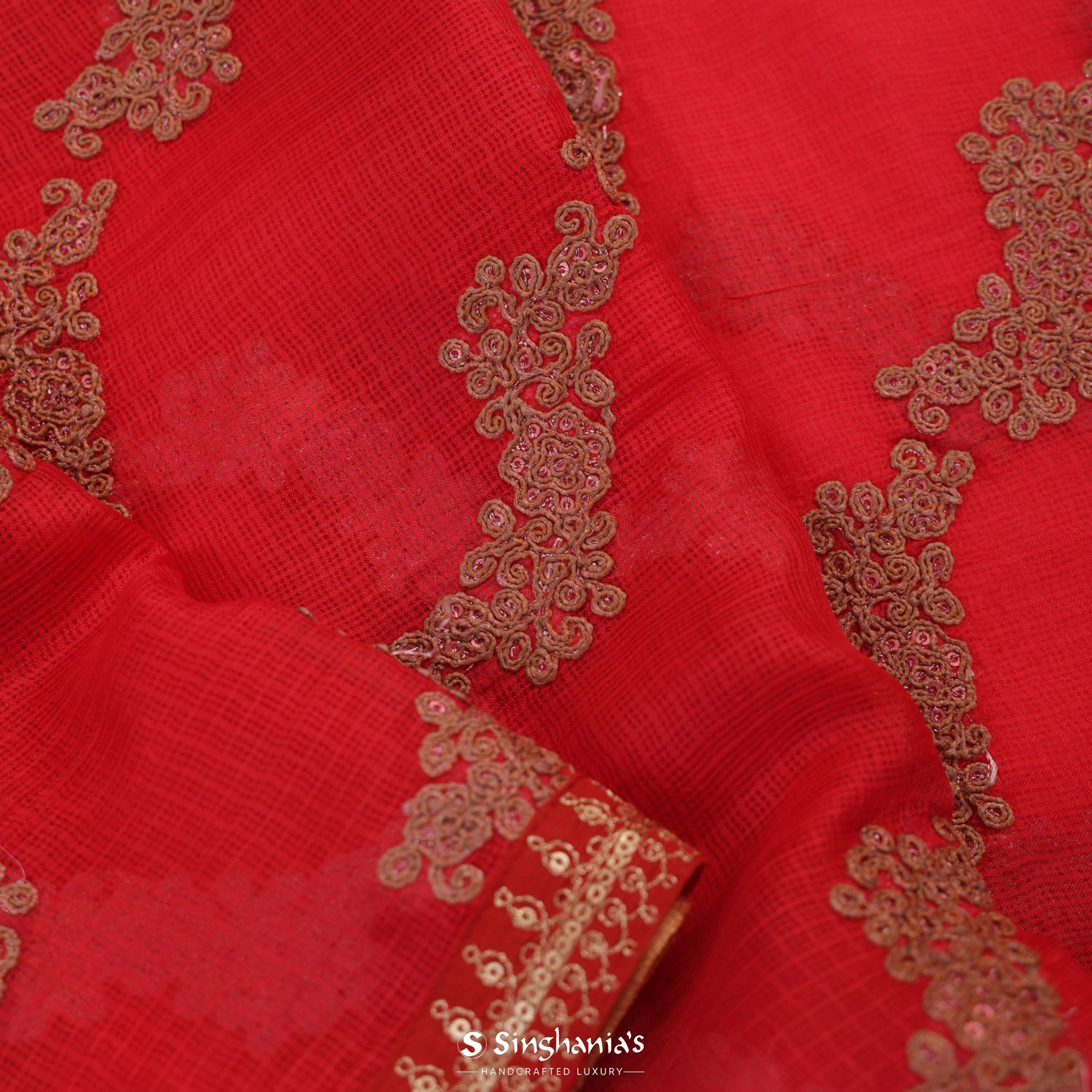 Spanish Red Kota Silk Saree With Floral Embroidery