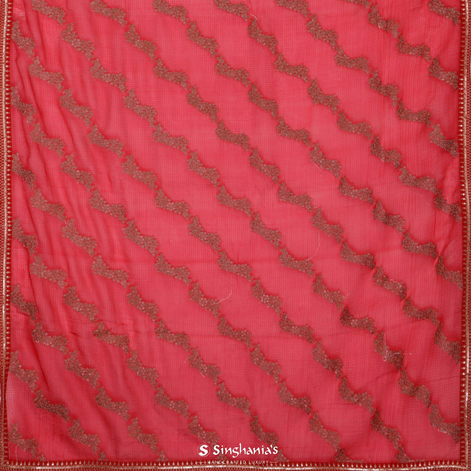 Spanish Red Kota Silk Saree With Floral Embroidery