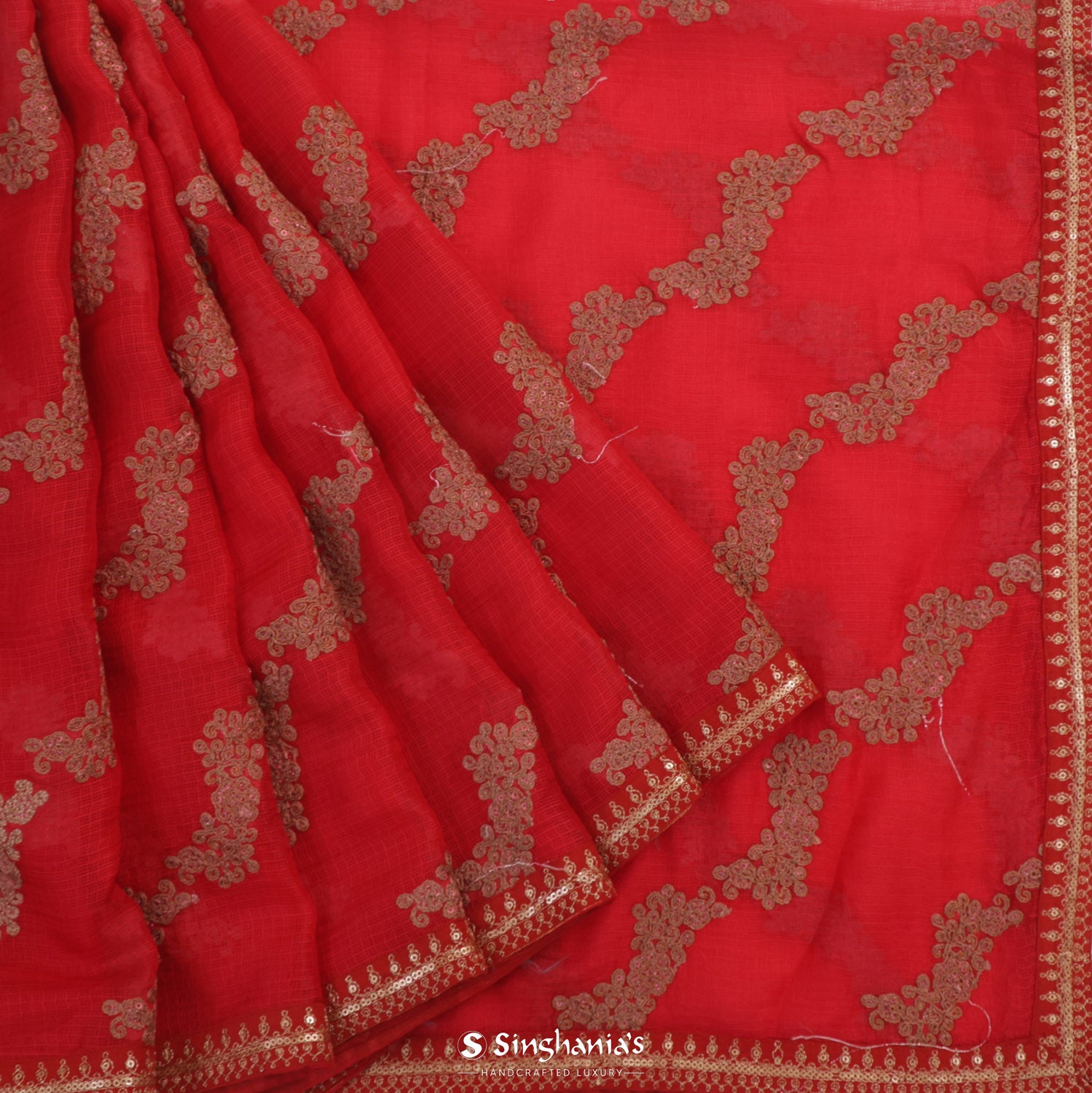 Spanish Red Kota Silk Saree With Floral Embroidery