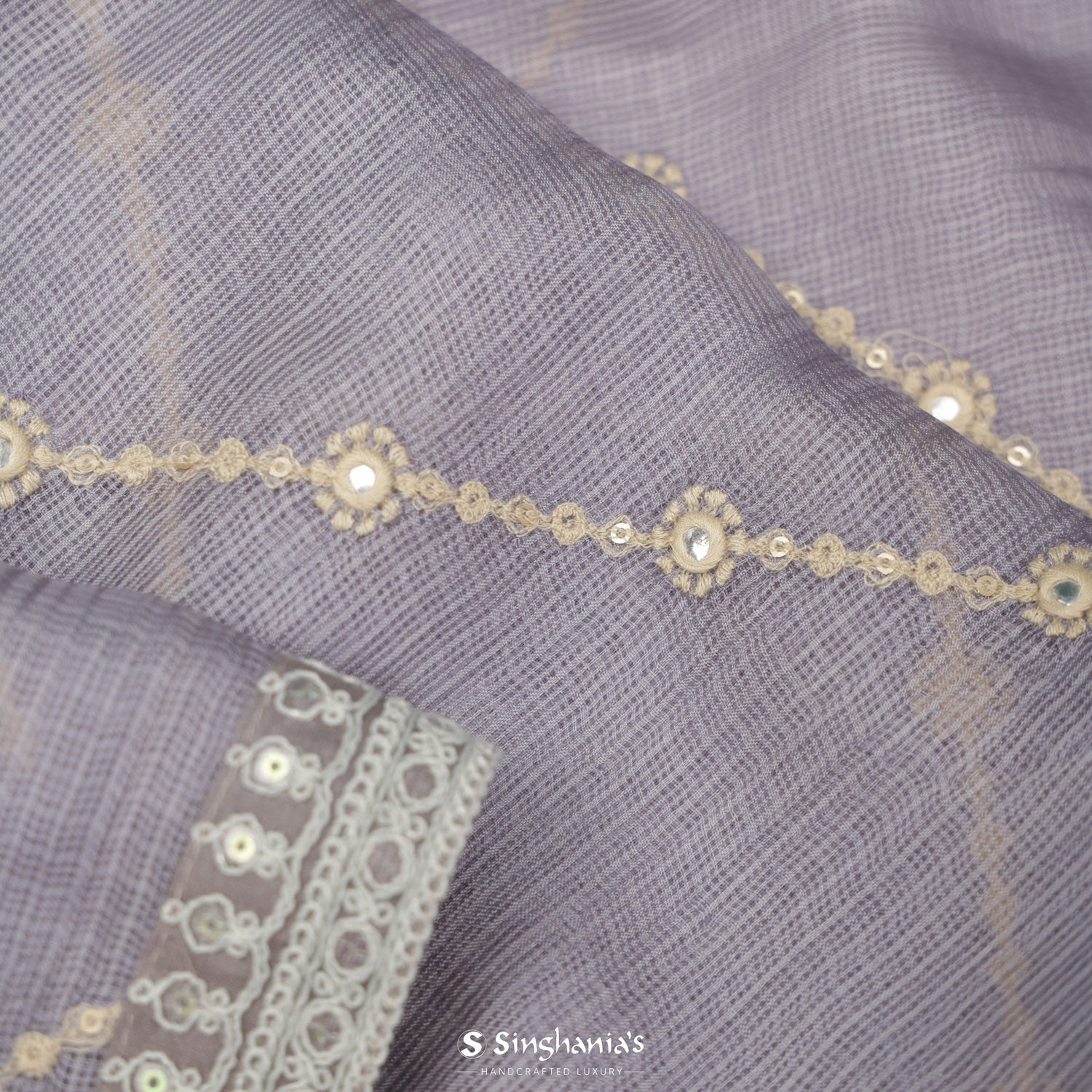 Lavender Gray Kota Silk Saree With Thread Embroidery