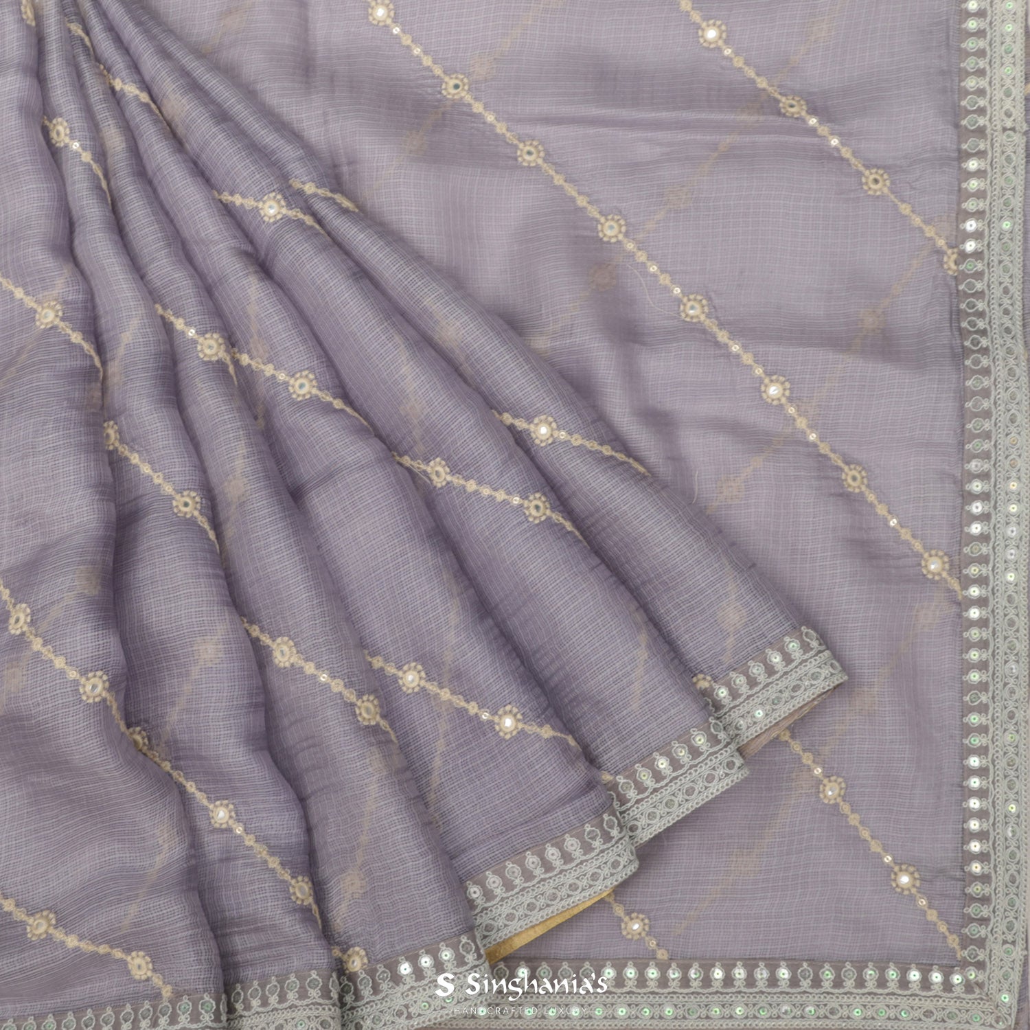 Lavender Gray Kota Silk Saree With Thread Embroidery