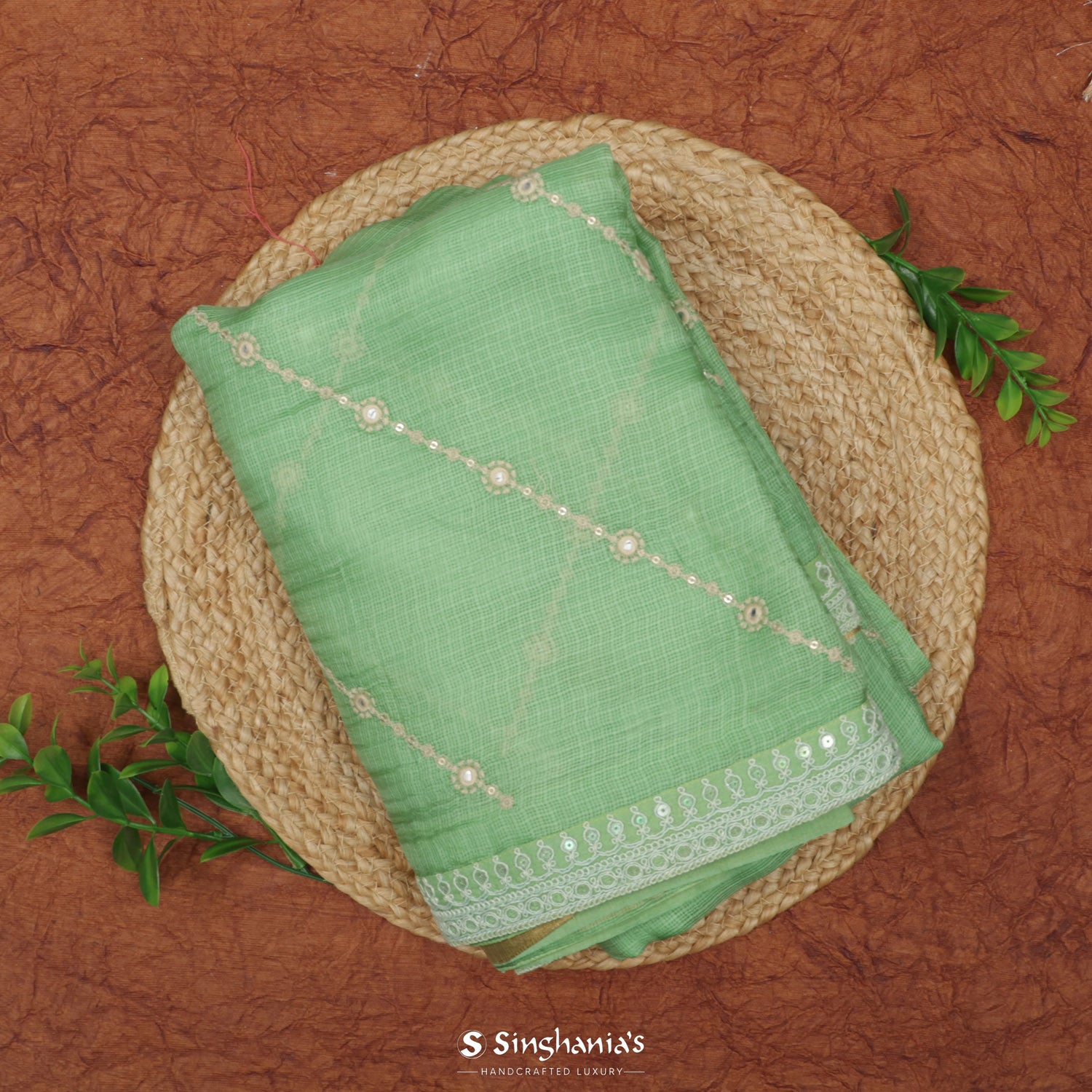 Pistachio Green Kota Silk Saree With Thread Embroidery
