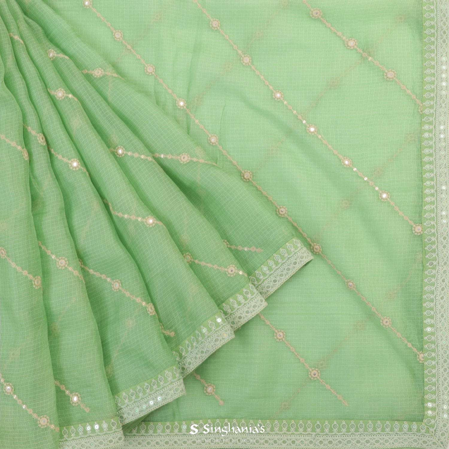 Pistachio Green Kota Silk Saree With Thread Embroidery