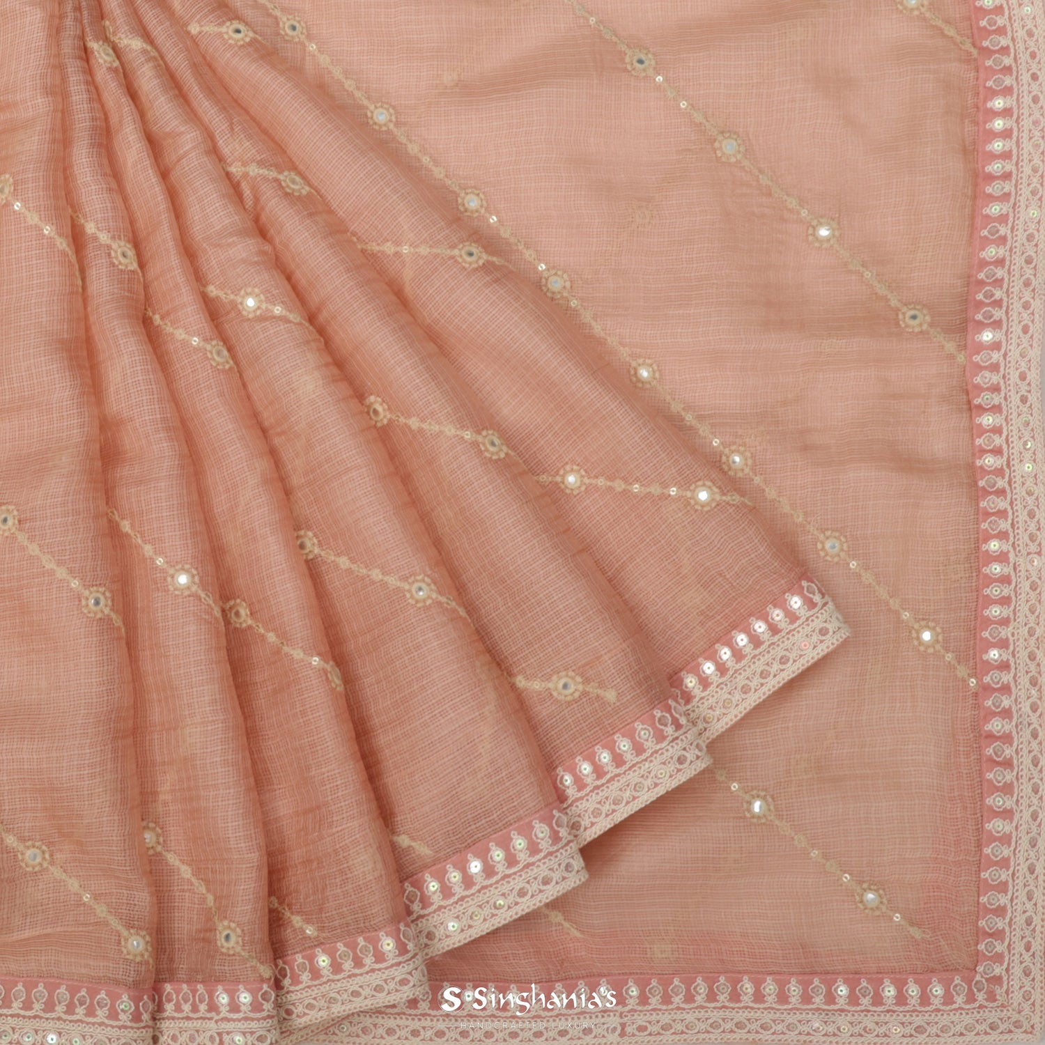 Pastel Peach Kota Silk Saree With Thread Embroidery