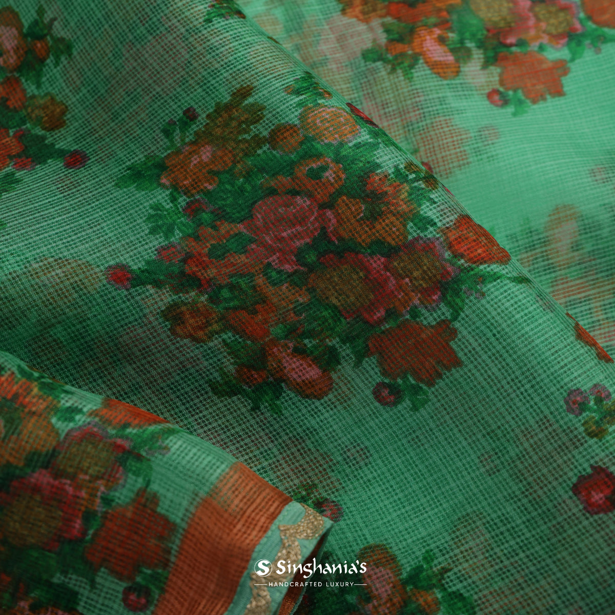 Rama Green Printed Kota Silk Saree With Floral Buttas