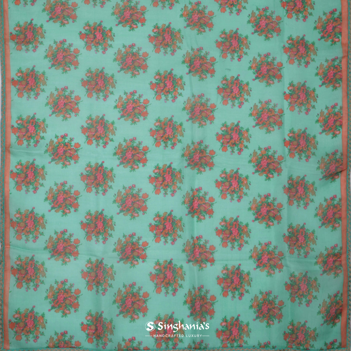 Rama Green Printed Kota Silk Saree With Floral Buttas