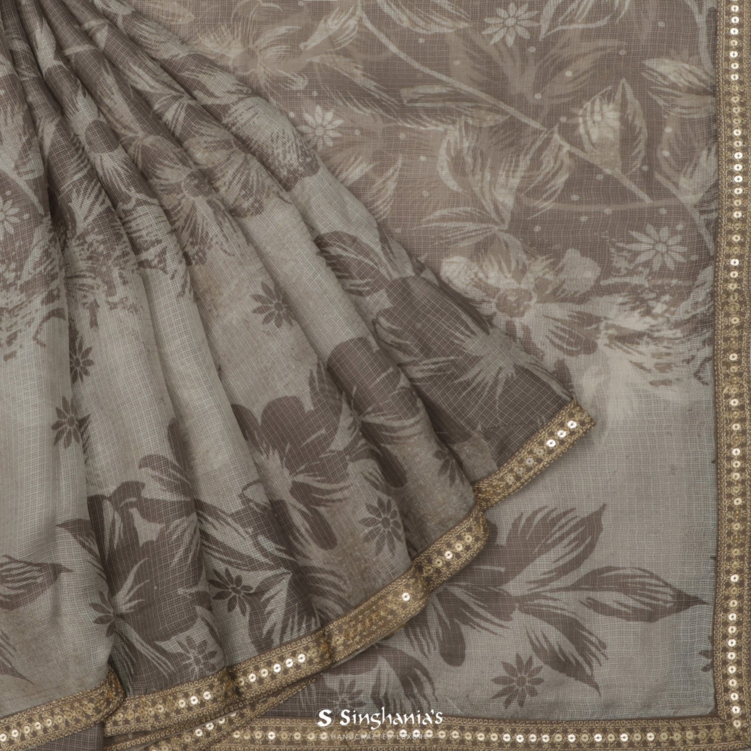 Light Gray Printed Kota Silk Saree With Floral Pattern