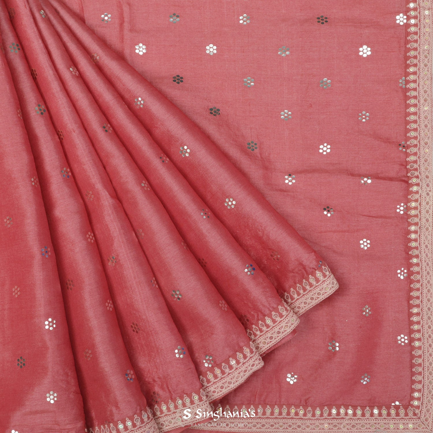 Tulip Pink Tussar Silk Saree With Floral Butti Mukaish Work