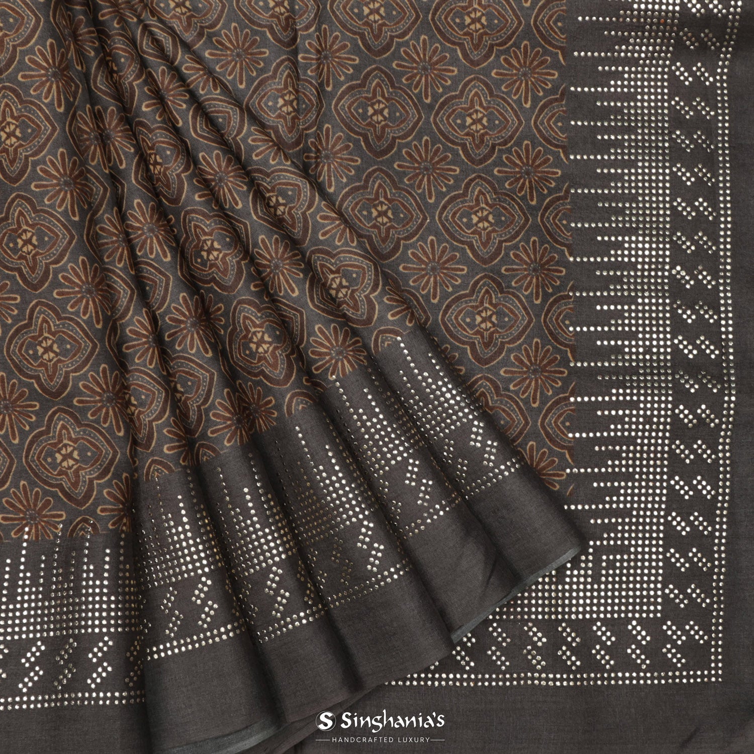 Carbon Gray Printed Tussar Silk Saree With Floral Design