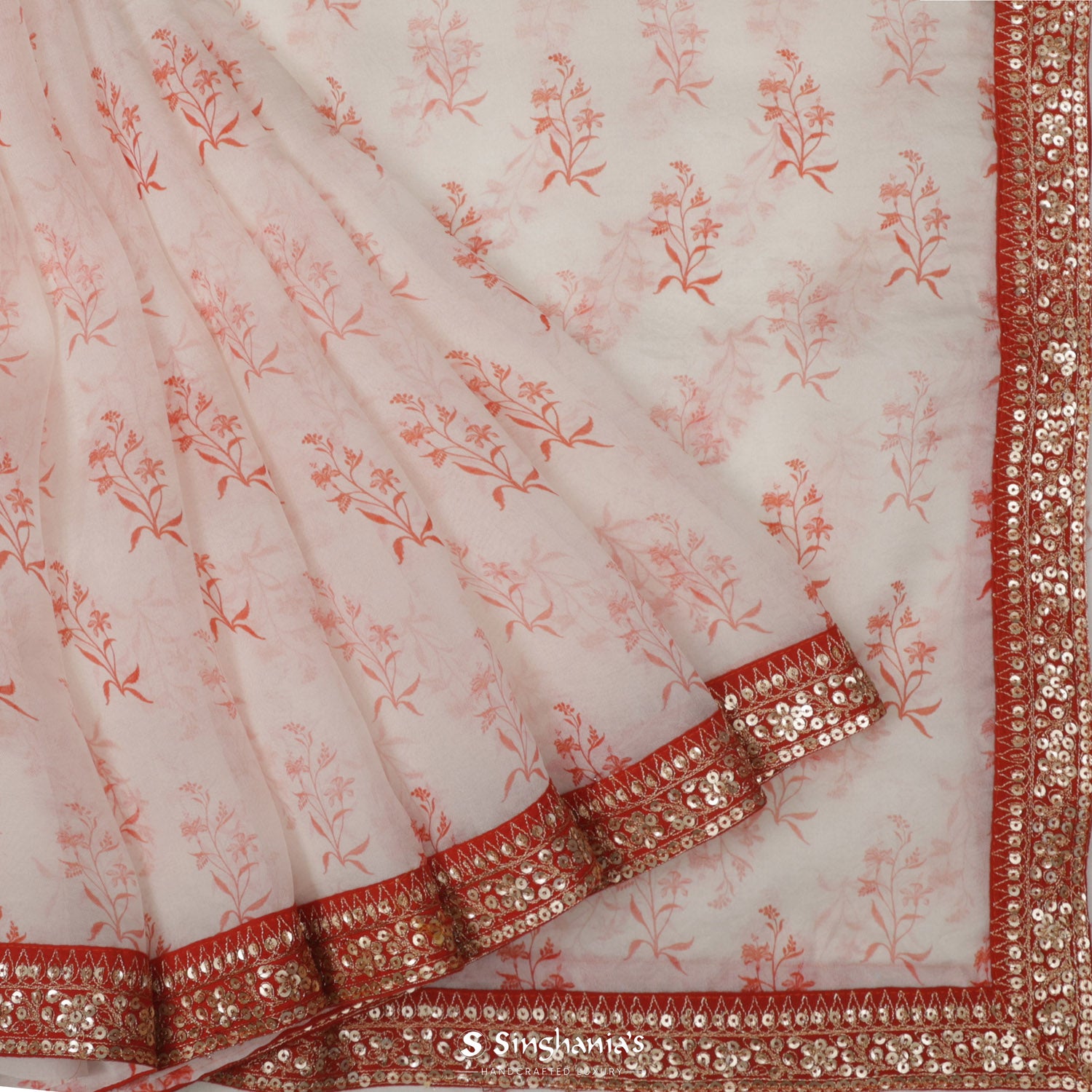 Rose White Printed Organza Saree With Embroidery