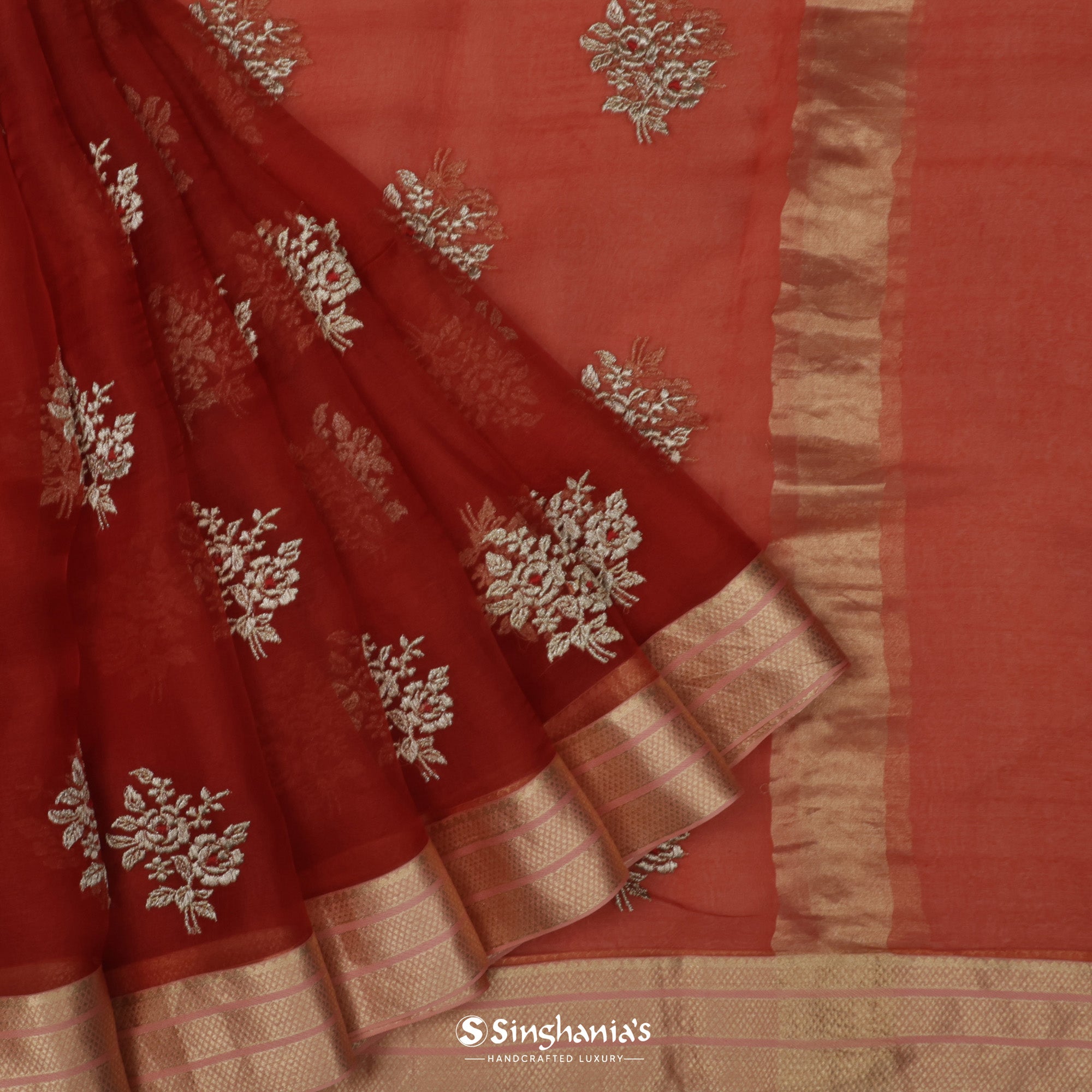 Upsdell Red Organza Saree With Embroidery