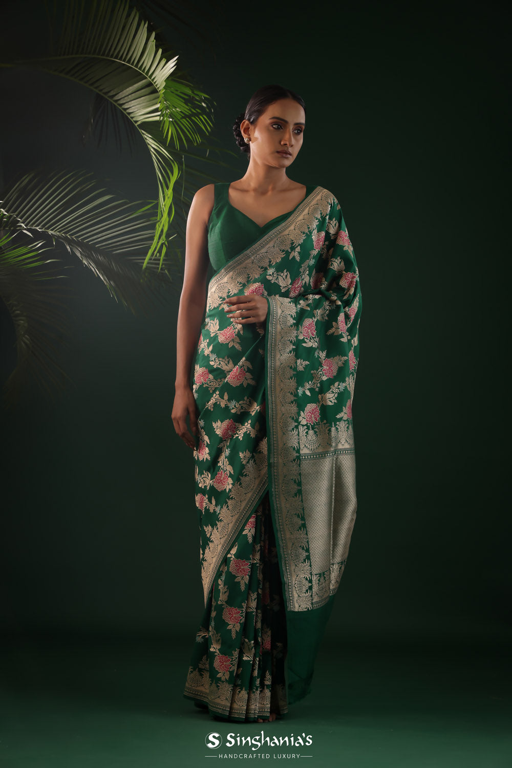 Deep Green Banarasi Silk Saree With Regal Meenakari Weaving