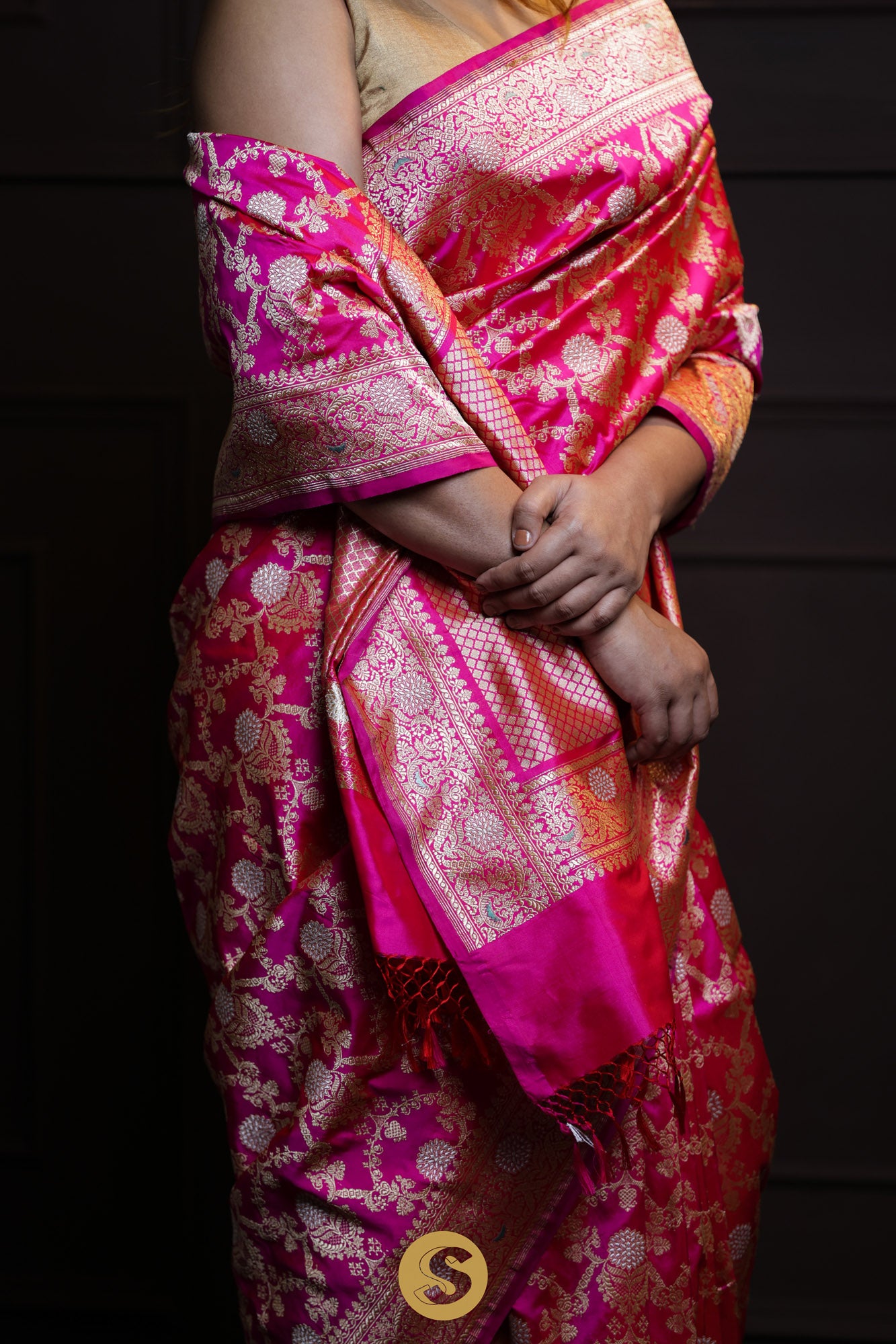 Barbie Pink Banarasi Silk Saree With Floral Jangla Pattern