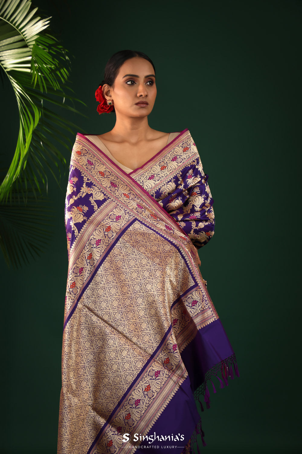 Regalia Purple Banarasi Silk Saree With Floral-Peacock Motifs