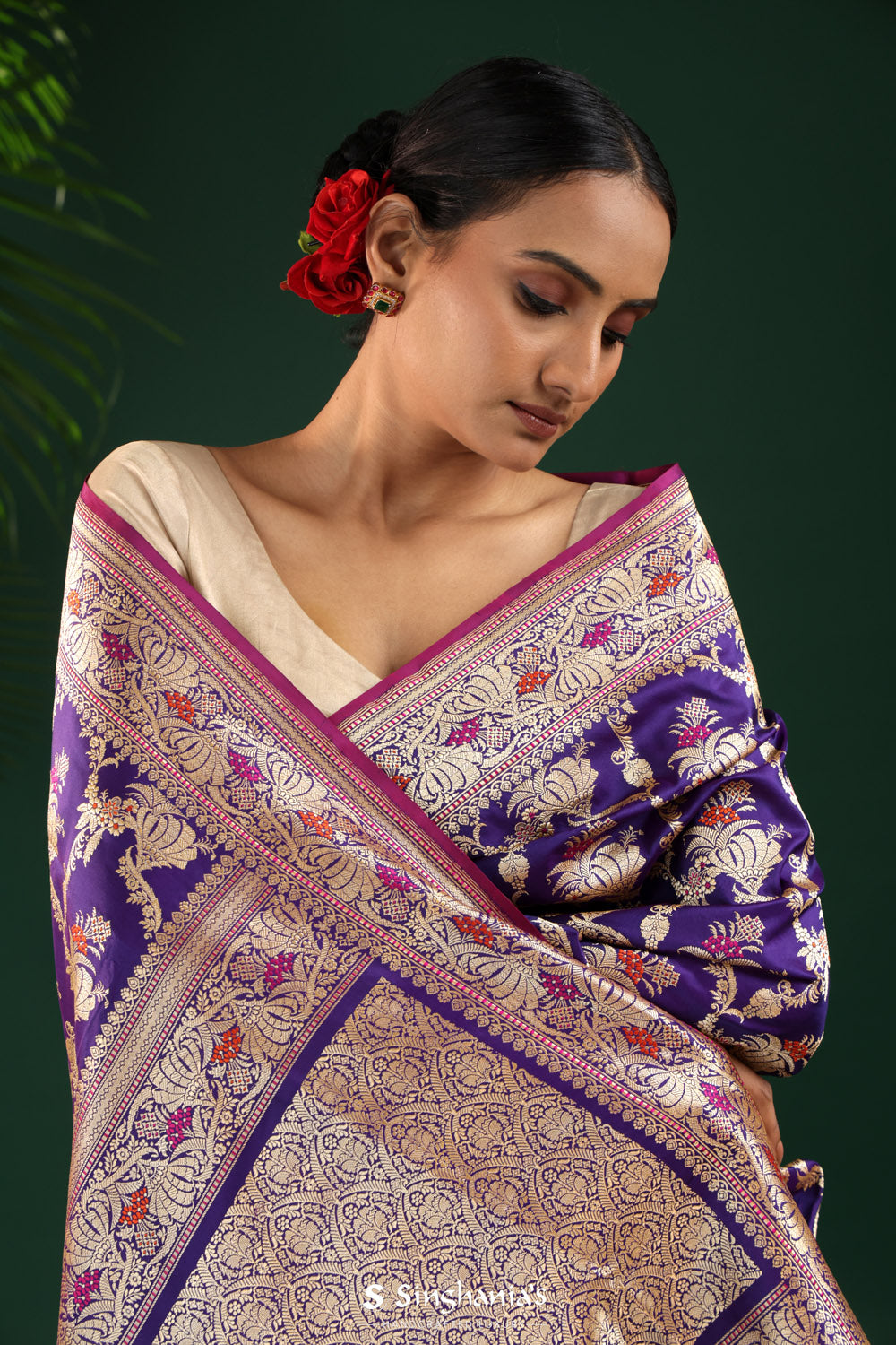 Regalia Purple Banarasi Silk Saree With Floral-Peacock Motifs