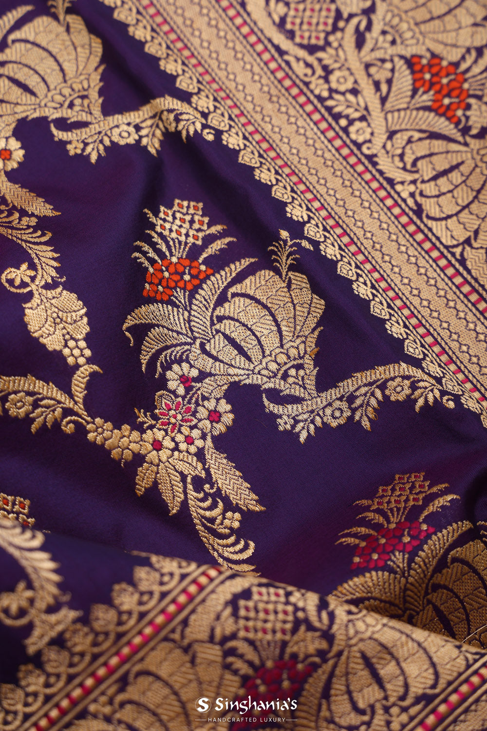 Regalia Purple Banarasi Silk Saree With Floral-Peacock Motifs