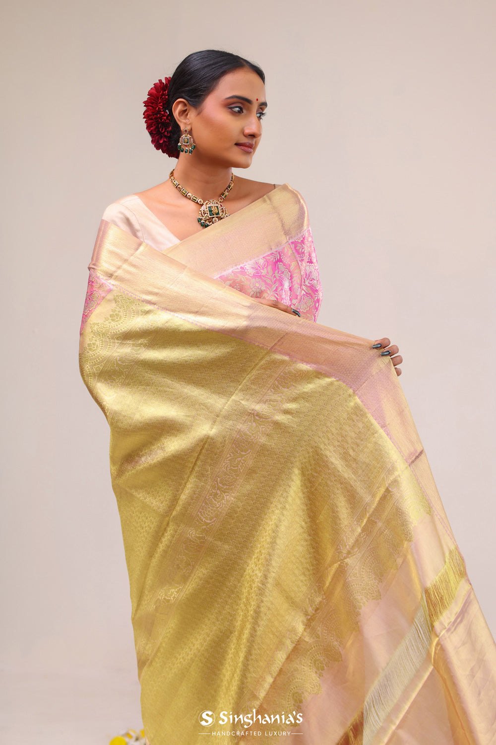 French Pink Floral Kanjivaram Silk Saree