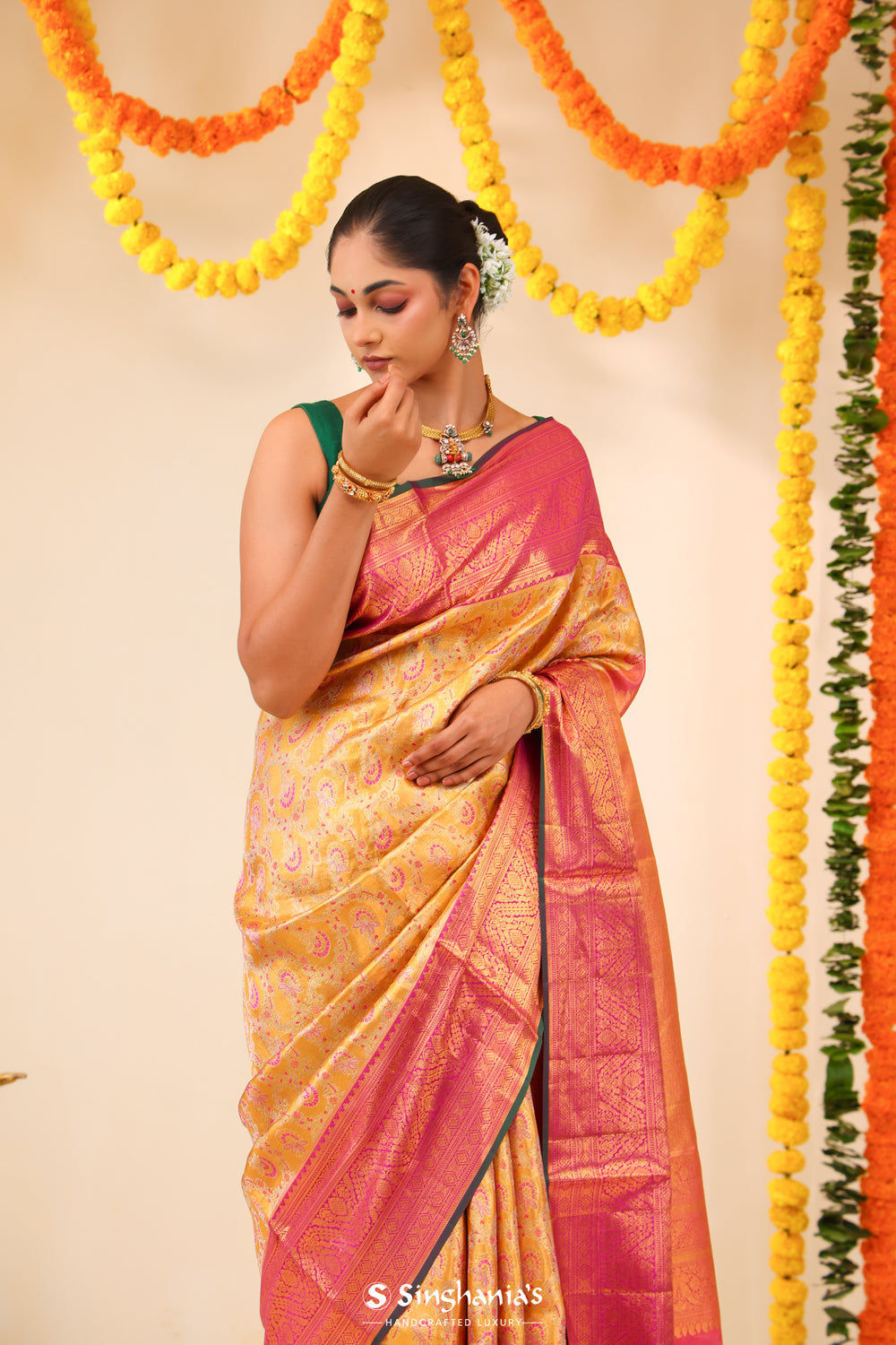 Golden Orange Tissue Kanjivaram Saree With Floral Jaal Weaving