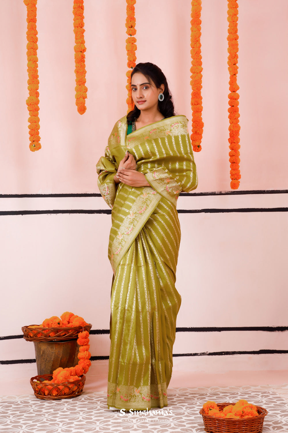 Pear Green Banarasi Silk Saree With Floral-Crane Weaving