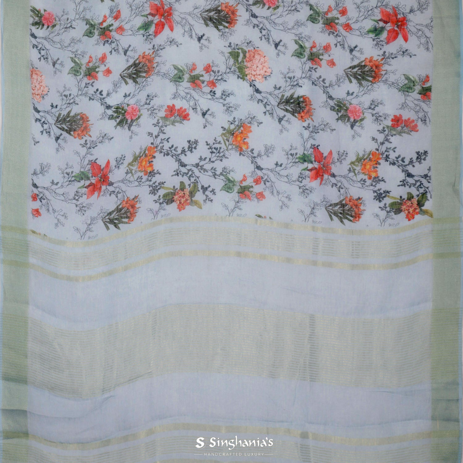 Gainsboro Gray Printed Linen Saree With Floral Pattern