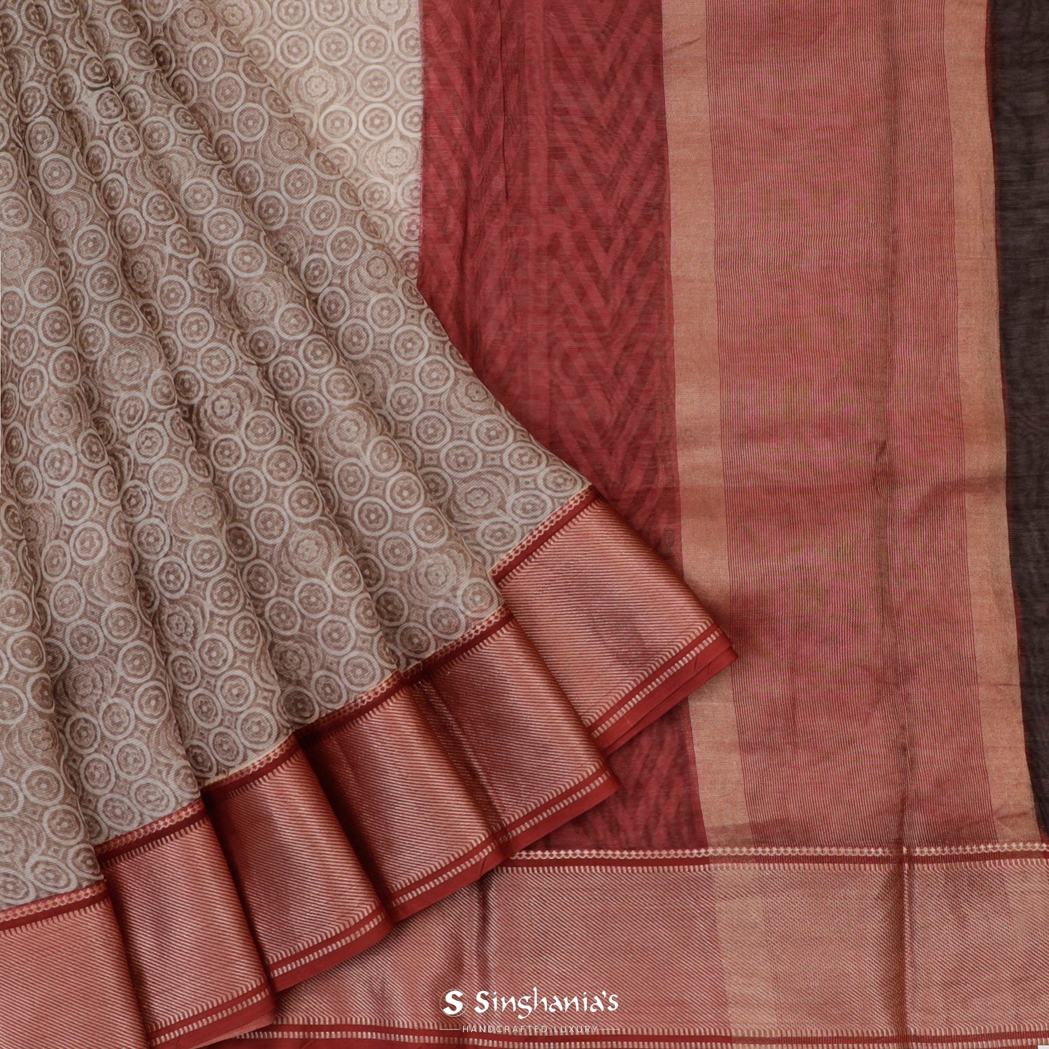 Lace Brown Printed Maheshwari Saree With Floral Pattern