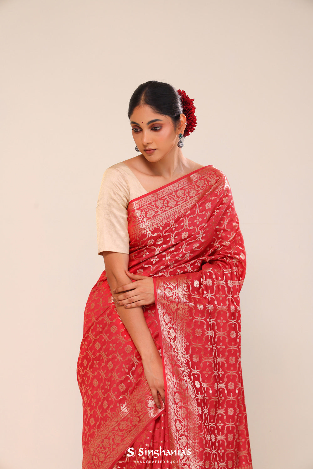 Husker Red Chiniya Banarasi Silk Saree