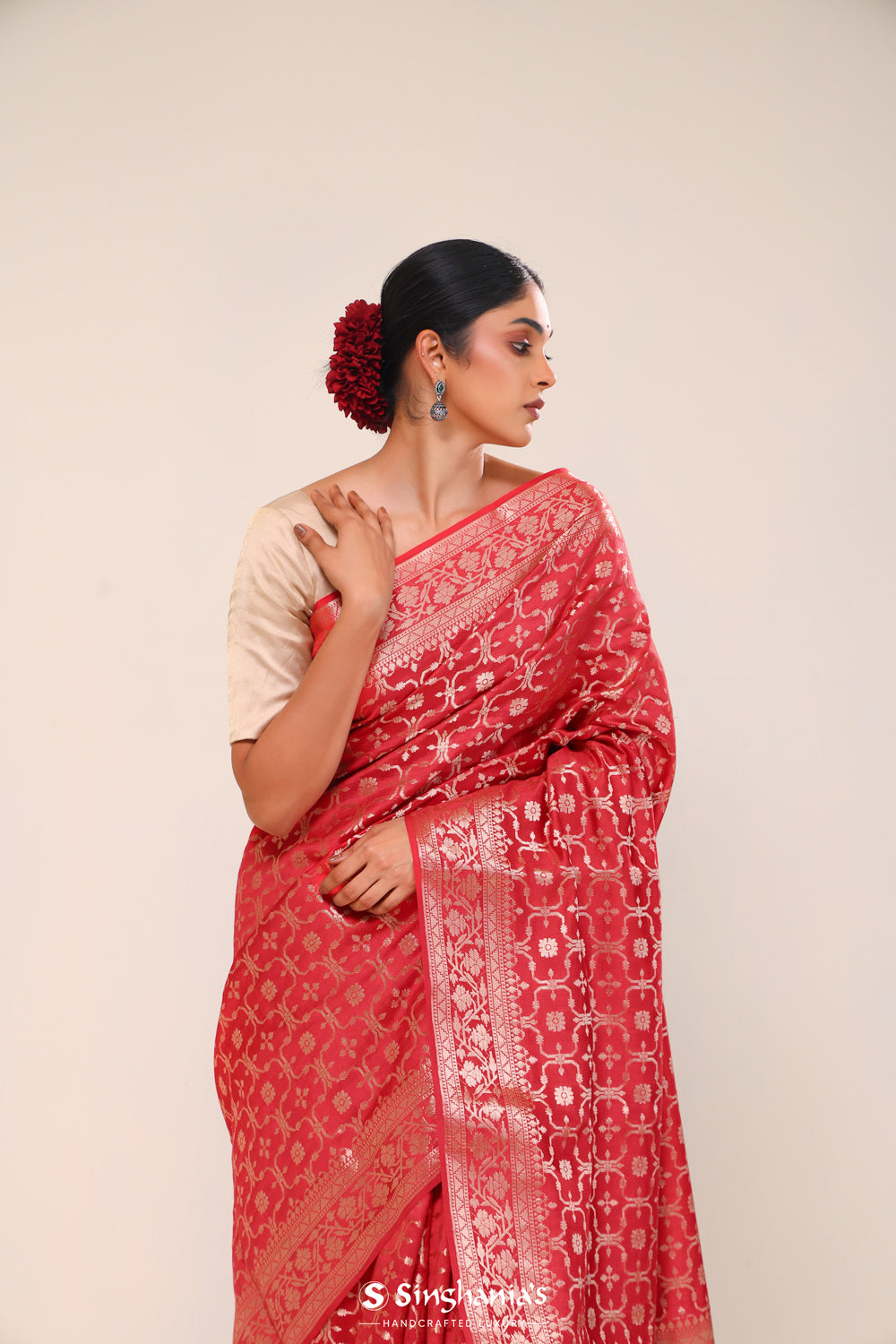 Husker Red Chiniya Banarasi Silk Saree