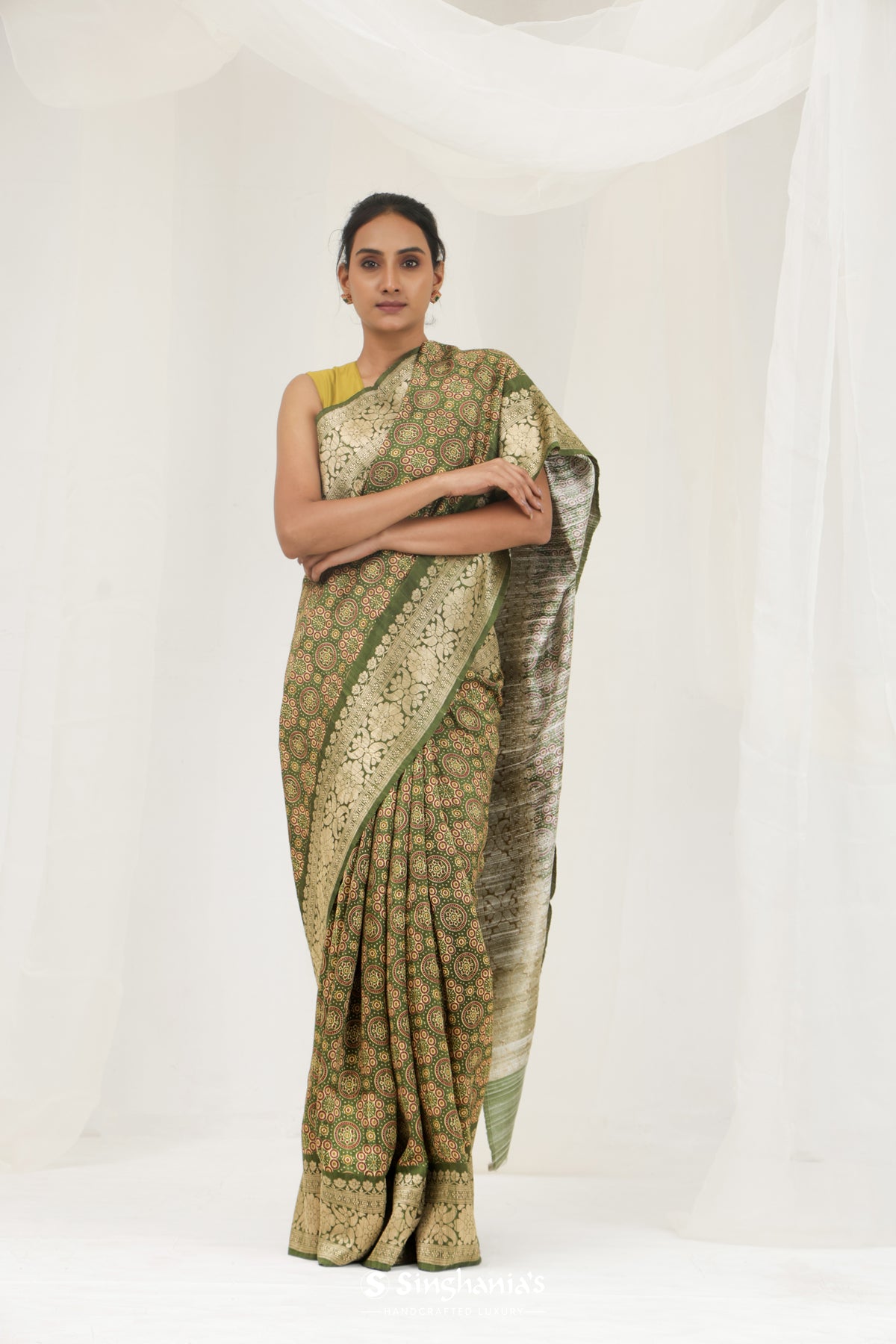 Dark Olive Green Printed Ajrakh Silk Saree