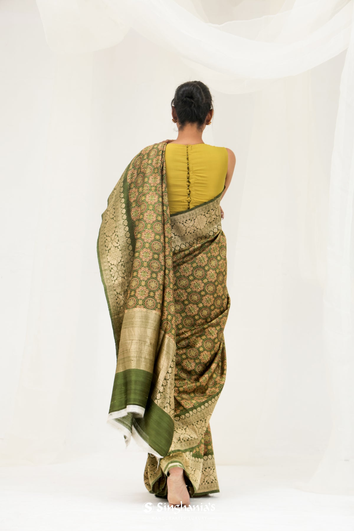 Dark Olive Green Printed Ajrakh Silk Saree