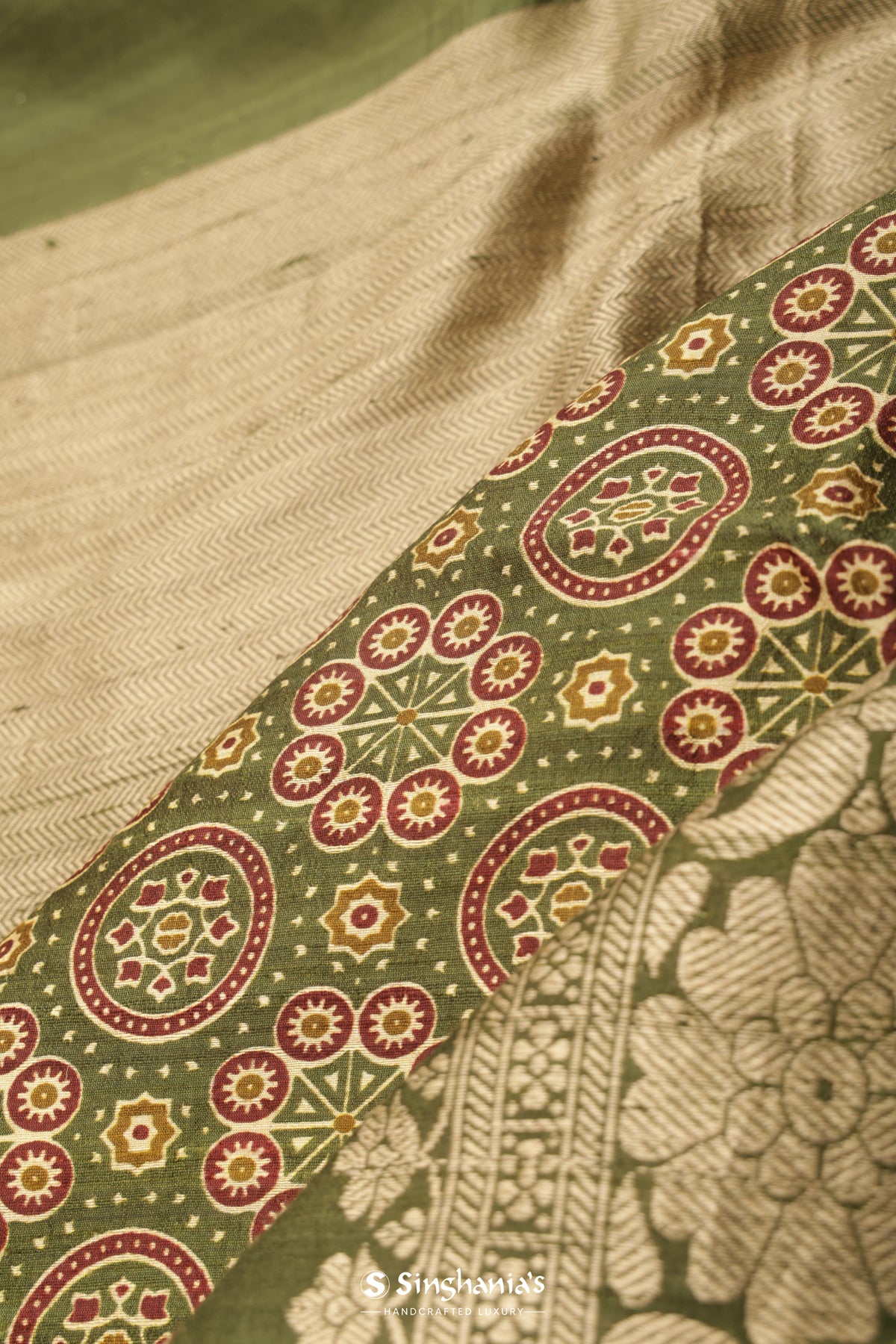 Dark Olive Green Printed Ajrakh Silk Saree