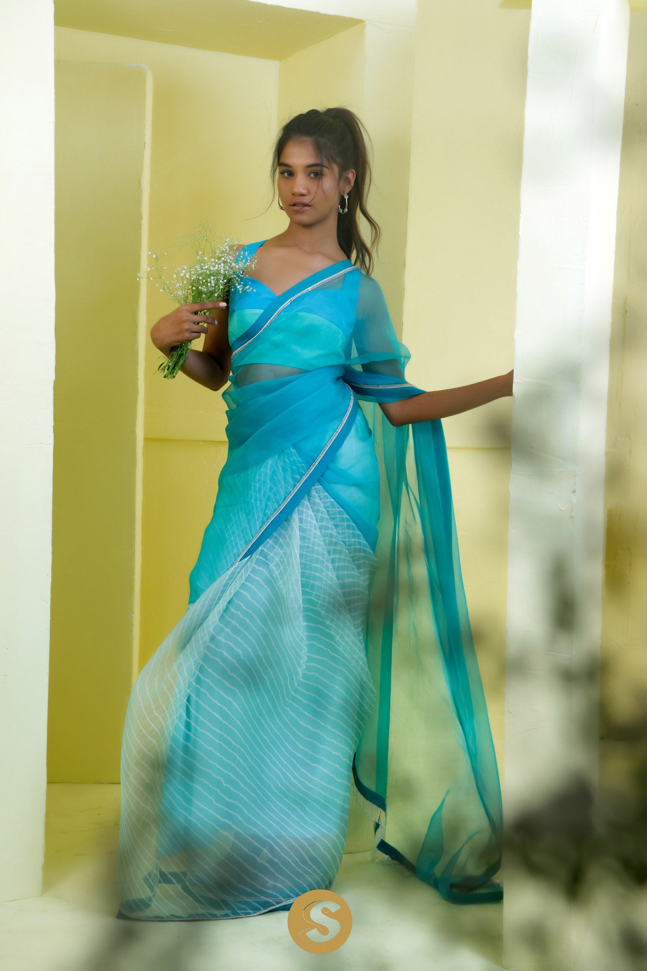 Carolina Blue Printed Organza Saree With Leheriya Pattern