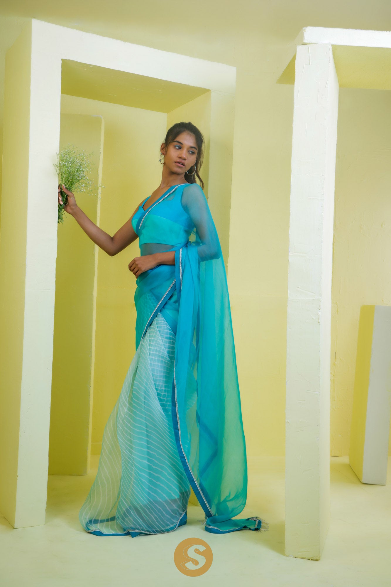 Carolina Blue Printed Organza Saree With Leheriya Pattern