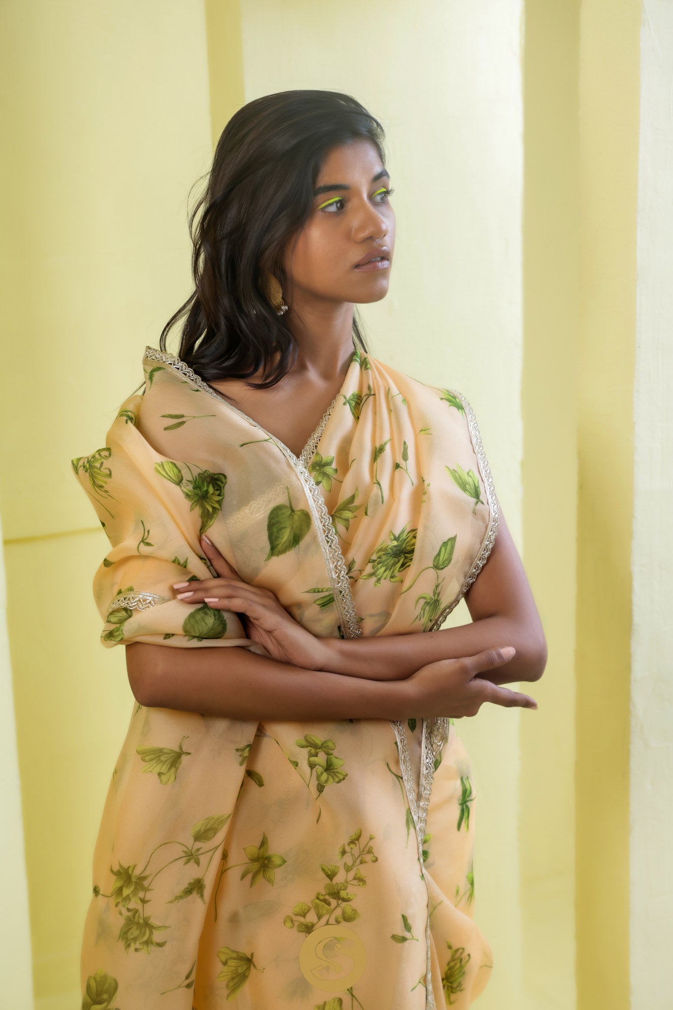 Light Orange Printed Organza Designer Saree With Leaf Pattern