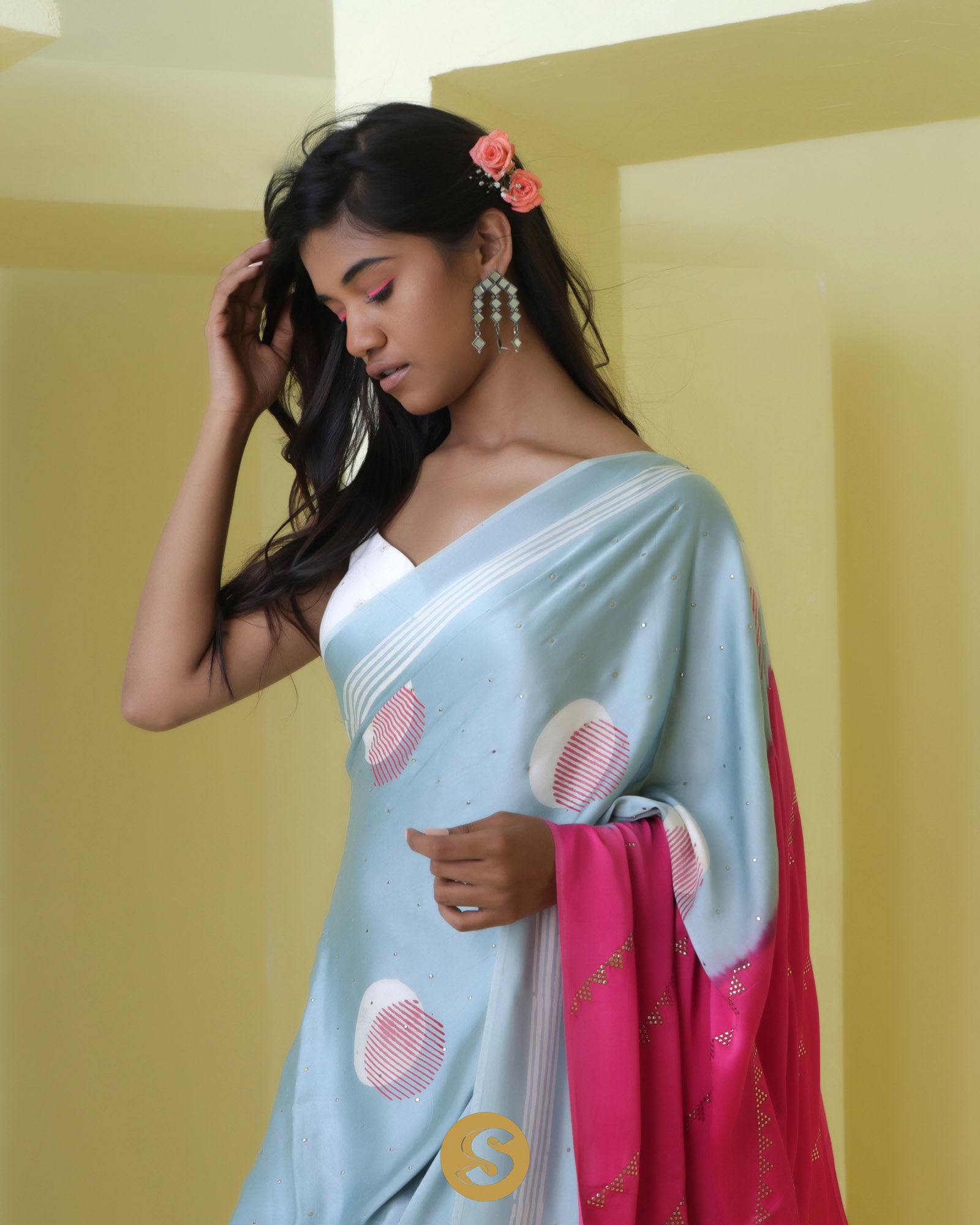 Sky Blue Satin Printed Embroidered Saree With Mukaish Embroidery